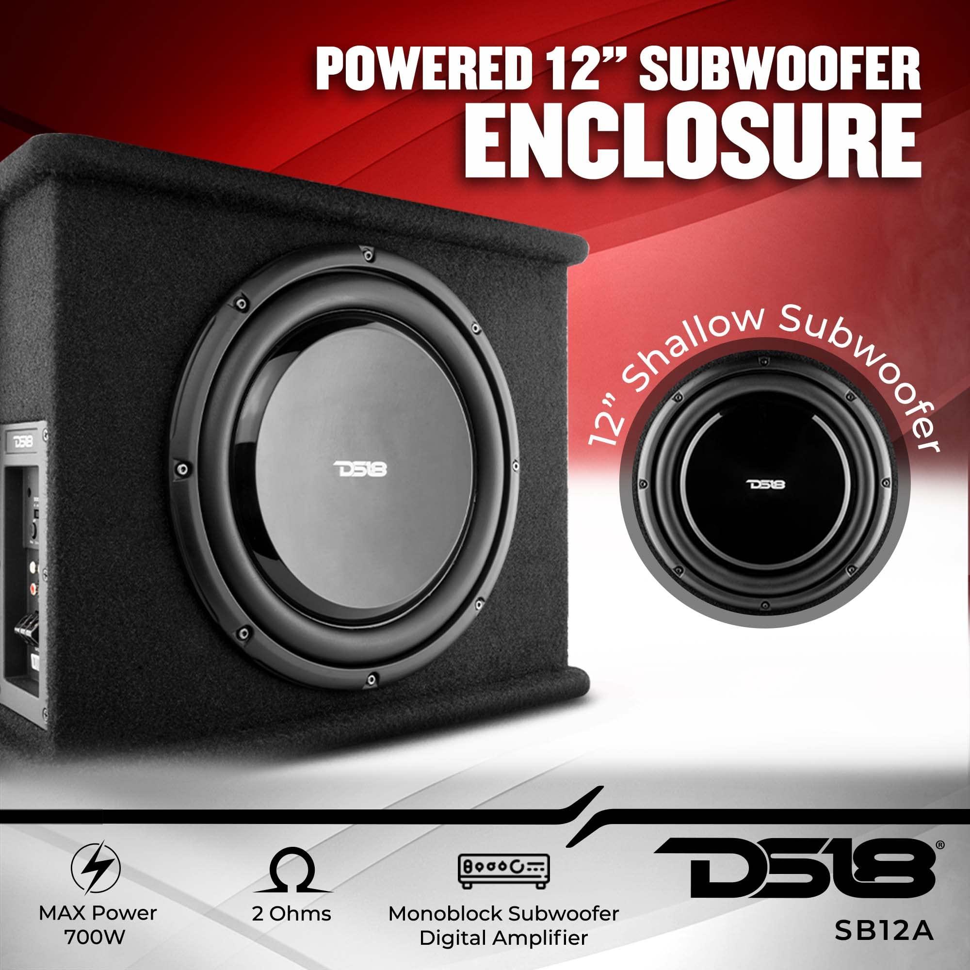 DS18 DS18 SB12A 12 Inches Shallow Subwoofer Enclosure with Built in Amplifier Car Audio All in One Amplifier and Subwoofer Bass Package 700 Watts Power Great Stealth Car Subwoofer in Box with Amp