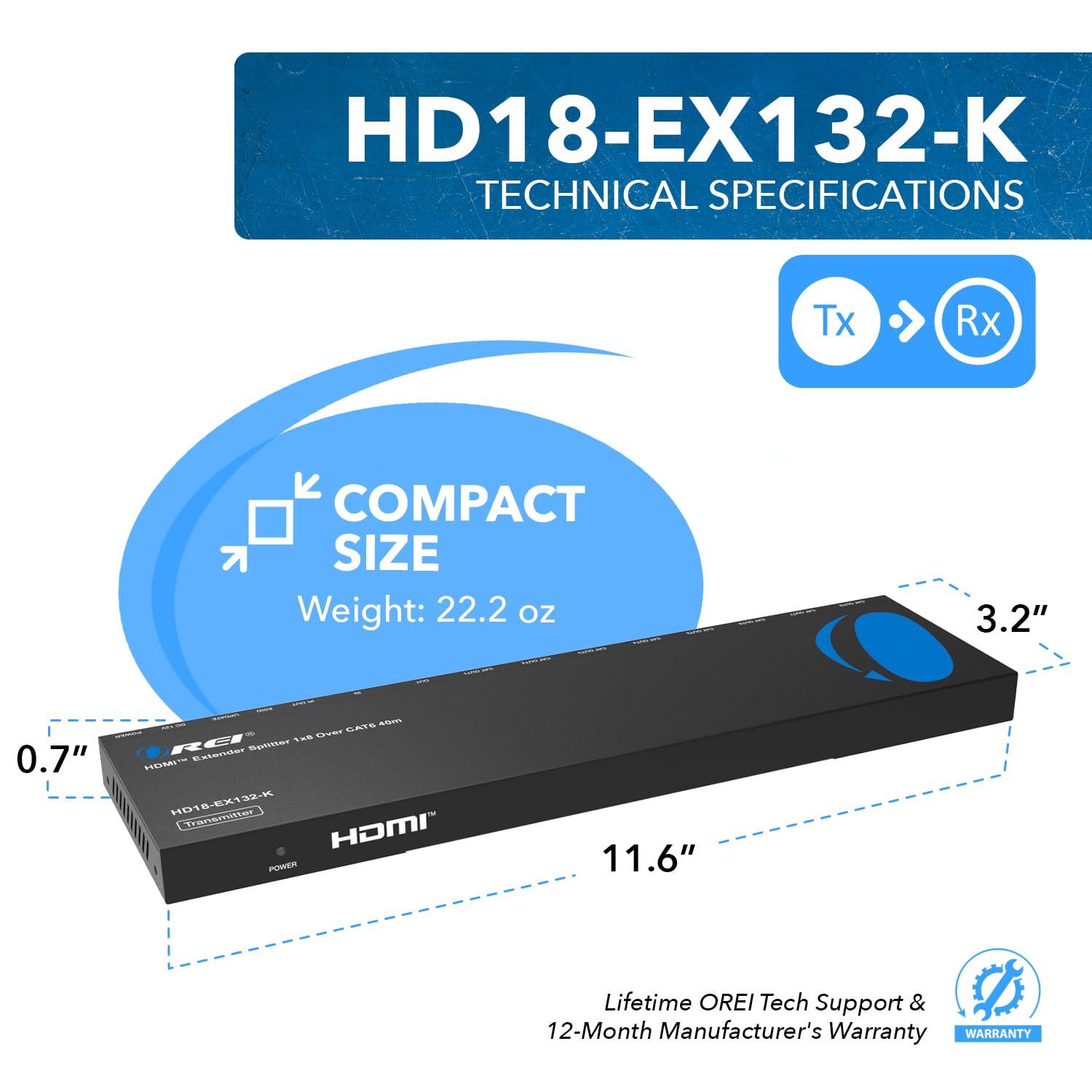 OREI OREI HDMI Extender Splitter 1 In 8 Out over CAT6/7 Cable 1080P@60Hz with EDID Management - Up to 165 Ft - Loop Out - IR Control - Low Latency