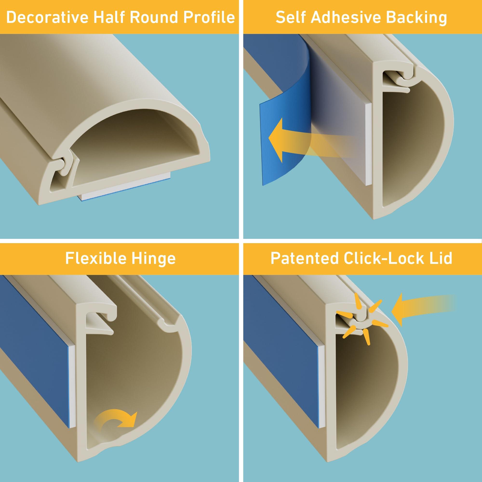 D-Line D-Line 157in Cord Hider Kit, Patented Cable Cover, Hide Wires on Wall, Channel for TV Mount Cords, Raceway Wire Hiders, Paintable, Adhesive, Half Round, 10x 0.78in W x 0.39in H x 15.7in L, Beige