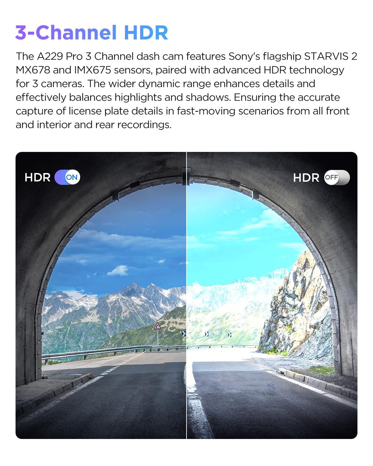 VIOFO VIOFO A229 Pro 3 Channel 4K HDR Dash Cam, Dual STARVIS 2 Sensors IMX678 & IMX675, 4K+2K+1080P Front Inside and Rear Triple Car Camera, 5GHz WiFi GPS, Voice Control, 24H Parking Mode, Support 512GB