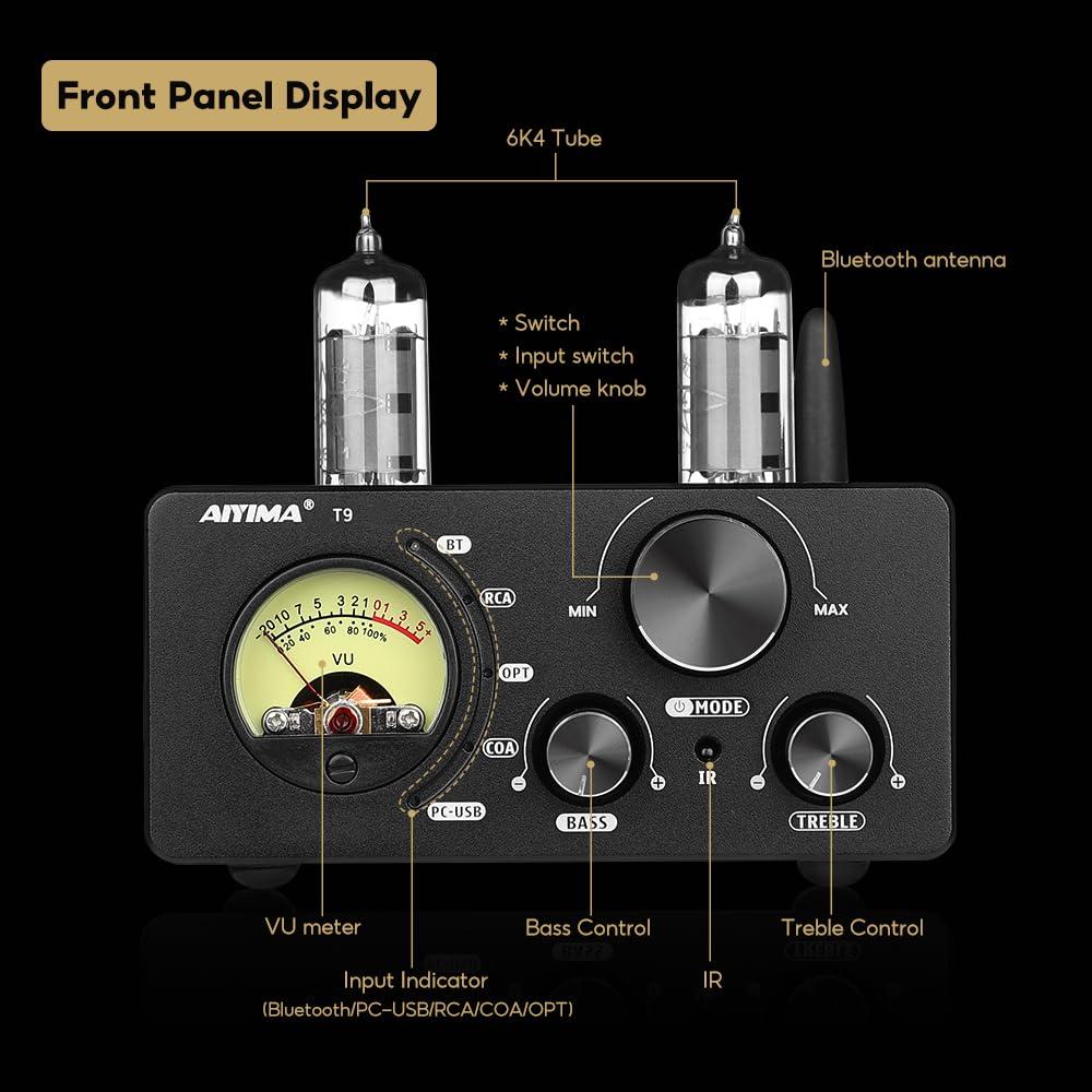 AIYIMA AIYIMA T9 100W*2 Bluetooth Stereo Amplifier Class D Amp 2.0/2.1 Channel Tube Power Amp with PC-USB DAC Coaxial Optical inputs &VU Meter & Bass Treble Tone Control for Home Stereo Speakers