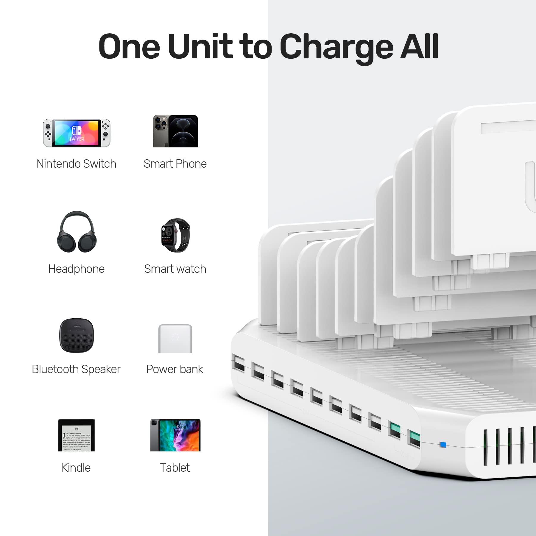 Unitek iPad Charging Station, Unitek 96W 10-Port USB Charging Dock Hub with Quick Charge 3.0, Charging Stand Compatible Multiple Device, Charging 8 iPads Simultaneously - [Upgraded Divider]