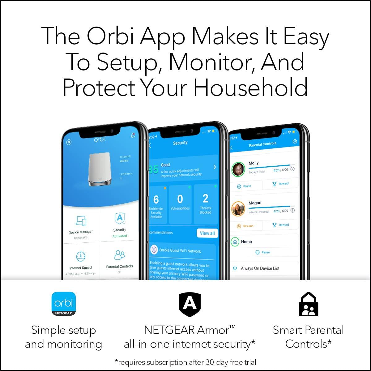 NETGEAR NETGEAR Orbi Whole Home Tri-Band Mesh WiFi 6 System (RBK653) Router with 2 Satellite Extenders, Coverage Up to 6,000 Square Feet, 40 Devices, AX3000 (Up to 3Gbps)