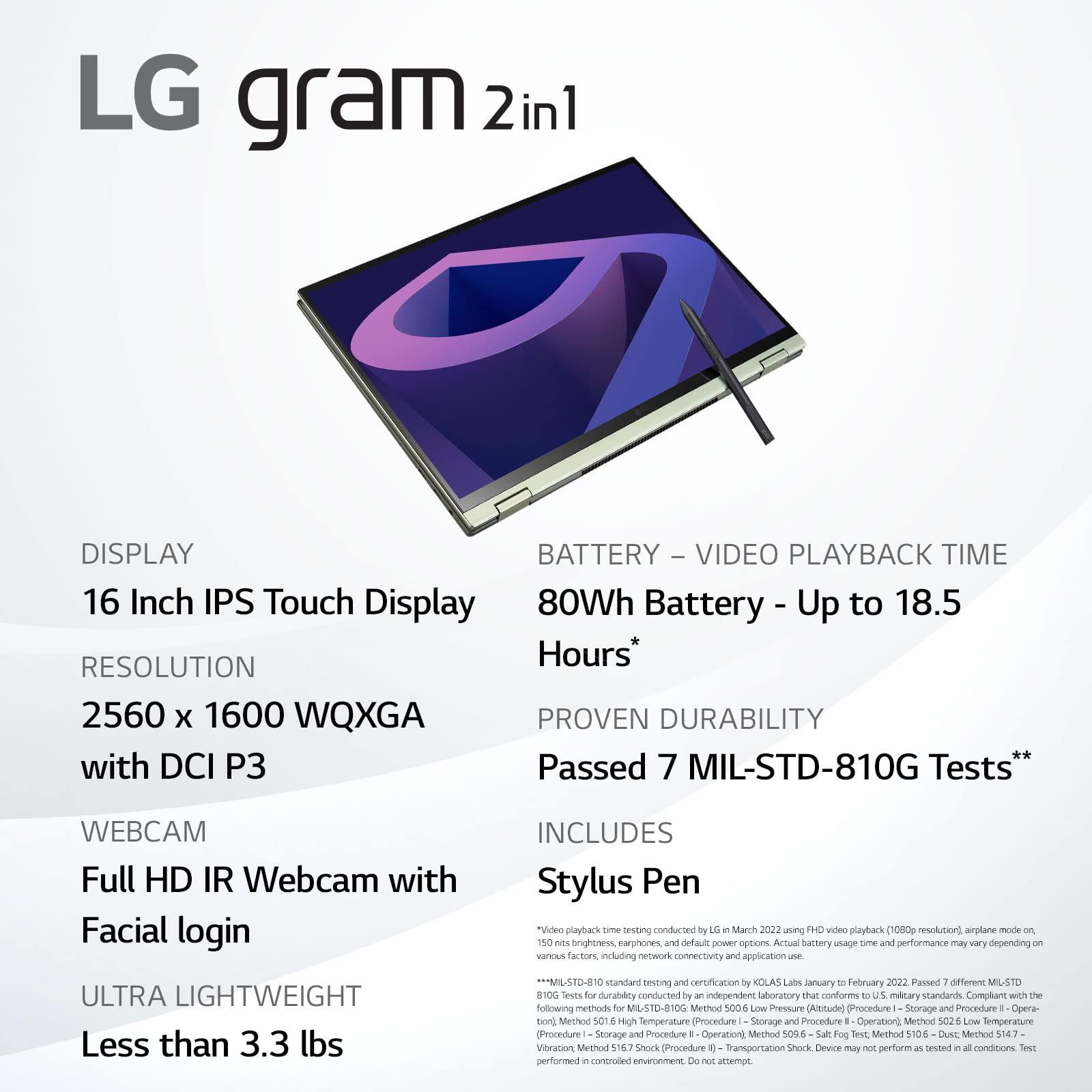 LG LG gram Laptop 16T90Q 2-in-1 16" Touchscreen, Intel Evo 12th Gen Core i5, 16GB RAM, 512GB SSD, Windows 11, Green