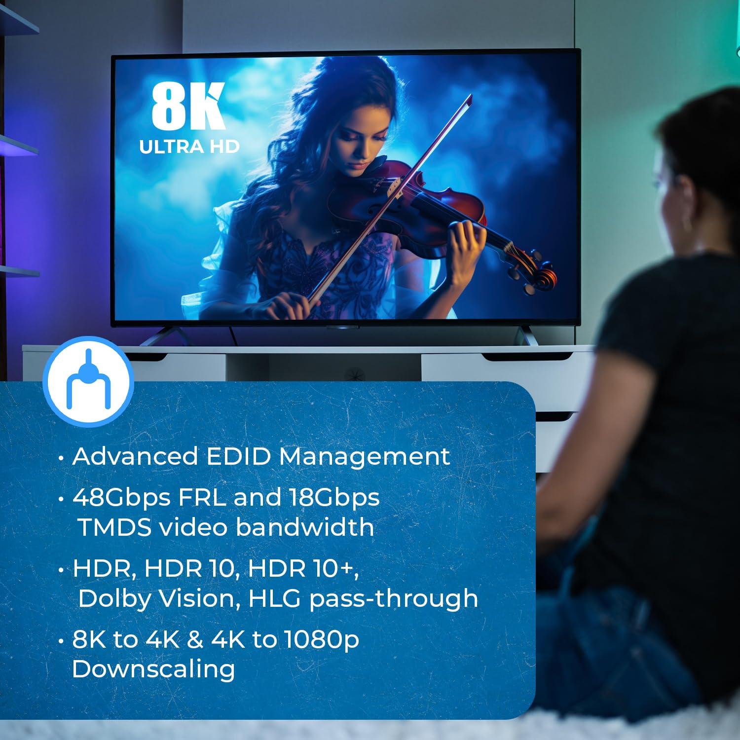 OREI OREI 8K HDMI Splitter 1 X 8, Duplicate/Mirror Any HDMI Signal UltraHD Supports Upto 4K @ 120Hz EDID HDCP 2.3 - (BK-108)