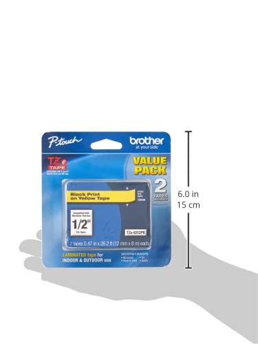Brother Brother Genuine P-Touch, TZe-6312Pk Tape ½” (12mm) 2-Pack Laminated P-Touch Tape, Black On Yellow Perfect for Indoor Or Outdoor Use, Water Resistant, 26.2 Ft. (8M)