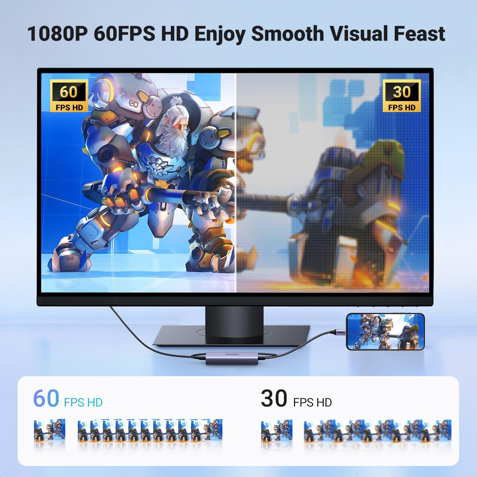 UGREEN UGREEN USB C Capture Card 1080P 60FPS 2K@30Hz Type C to USB-A/C Input Video Capture Card USB 3.0 Support 100W Fast Charge with Ultra-Low Latency for Gaming, Streaming, Compatible with Switch, iPad