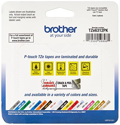 Brother Brother Genuine P-Touch, TZe-6312Pk Tape ½” (12mm) 2-Pack Laminated P-Touch Tape, Black On Yellow Perfect for Indoor Or Outdoor Use, Water Resistant, 26.2 Ft. (8M)
