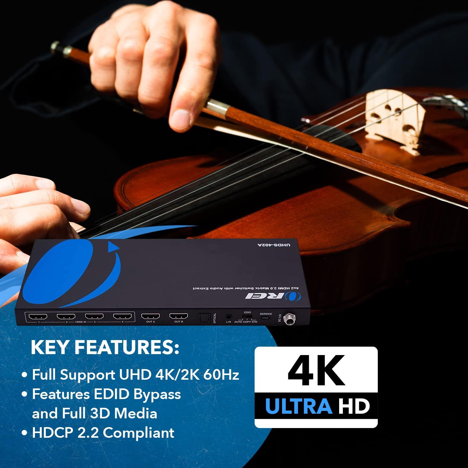 OREI OREI 4K HDMI Matrix Switch 4 X 2 Bundle with 6-Feet HDMI Cable 4K with Ethernet | IR Audio Extractor Arc EDID HDCP 2.- Remote Control