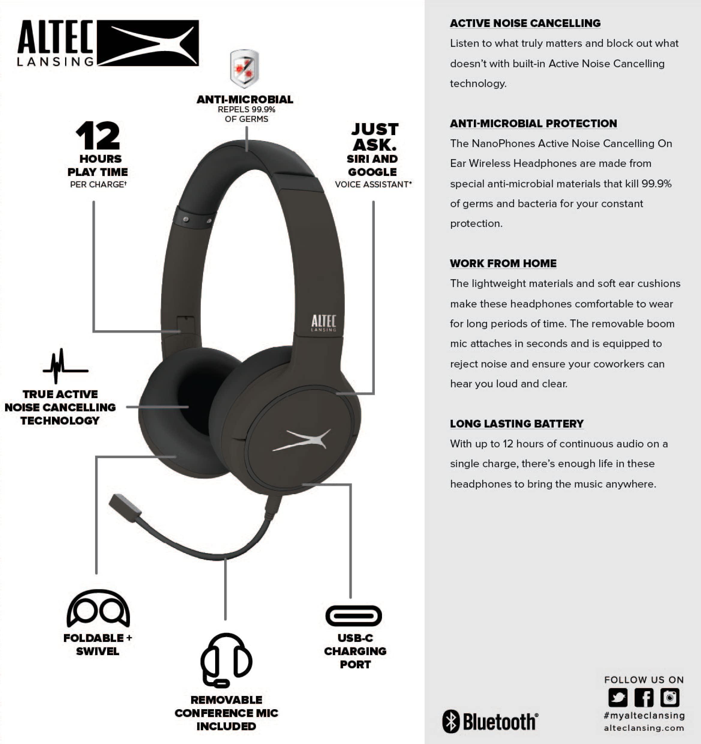 Altec Lansing Altec Lansing Nanophones ANC Bluetooth Wireless Active Noise Cancelling Headphones On Ear Headphones 12 Hour Battery Life, Foldable Earcups, Removeable Mic for Working and Learning from Home (Grey)