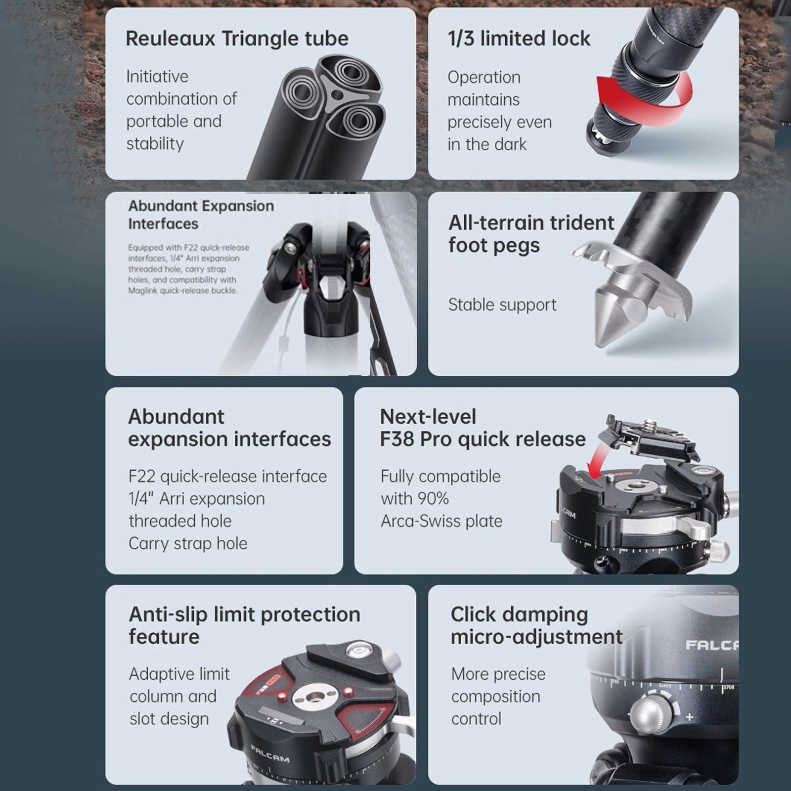 EACHSHOT Falcam TreeRoot F38 Pro 61" Carbon Fiber Tripod,Quick Lock Travel Tripod Capacity 5kg/11lbs with 1/4" Screw,Carry Strap Holes for Cameras