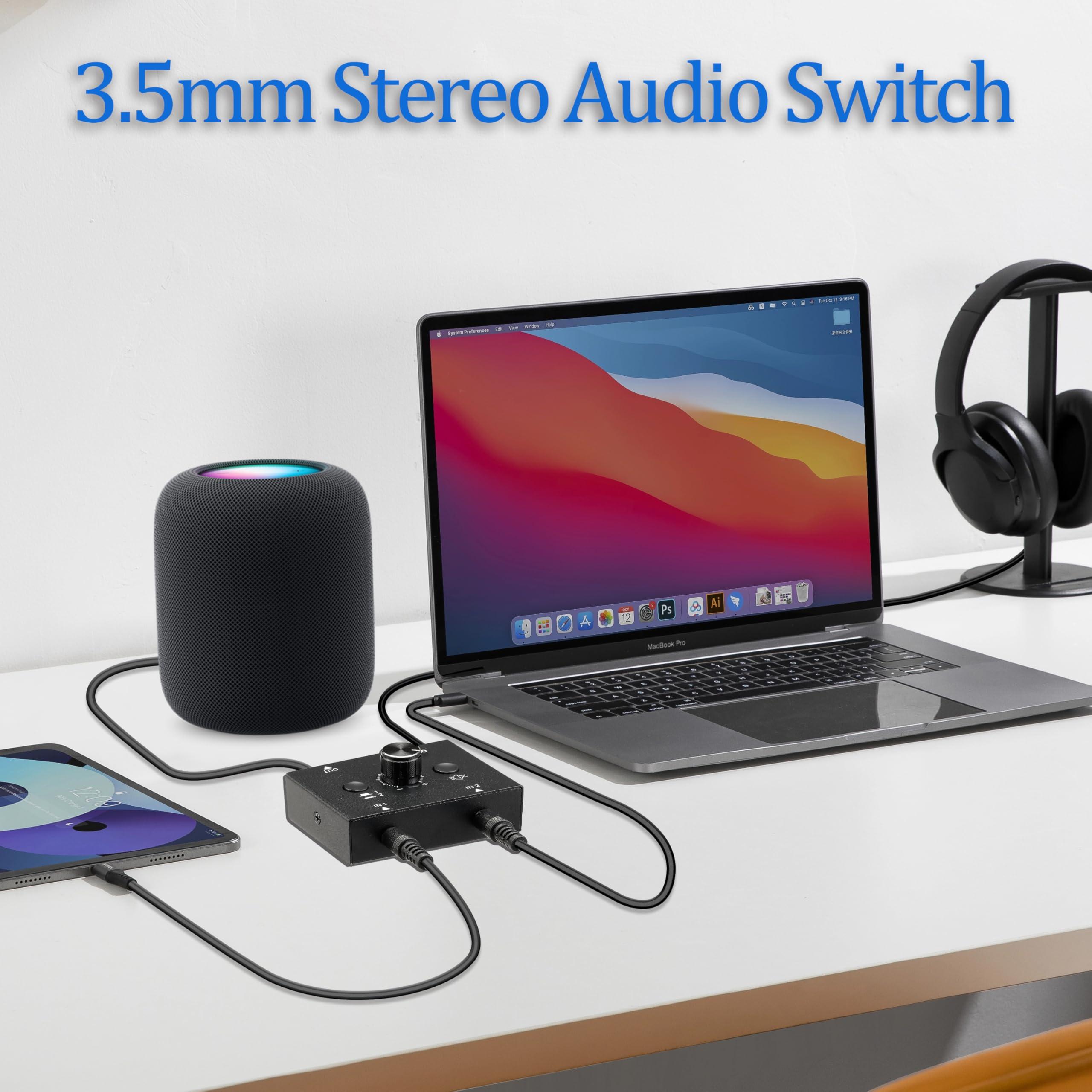 HAICHENTEX 3.5mm Audio Switch Stereo Audio Splitter Box 2 in 2 Out Audio Switcher Passive Speaker Headphone Manual Selector with Volume Control