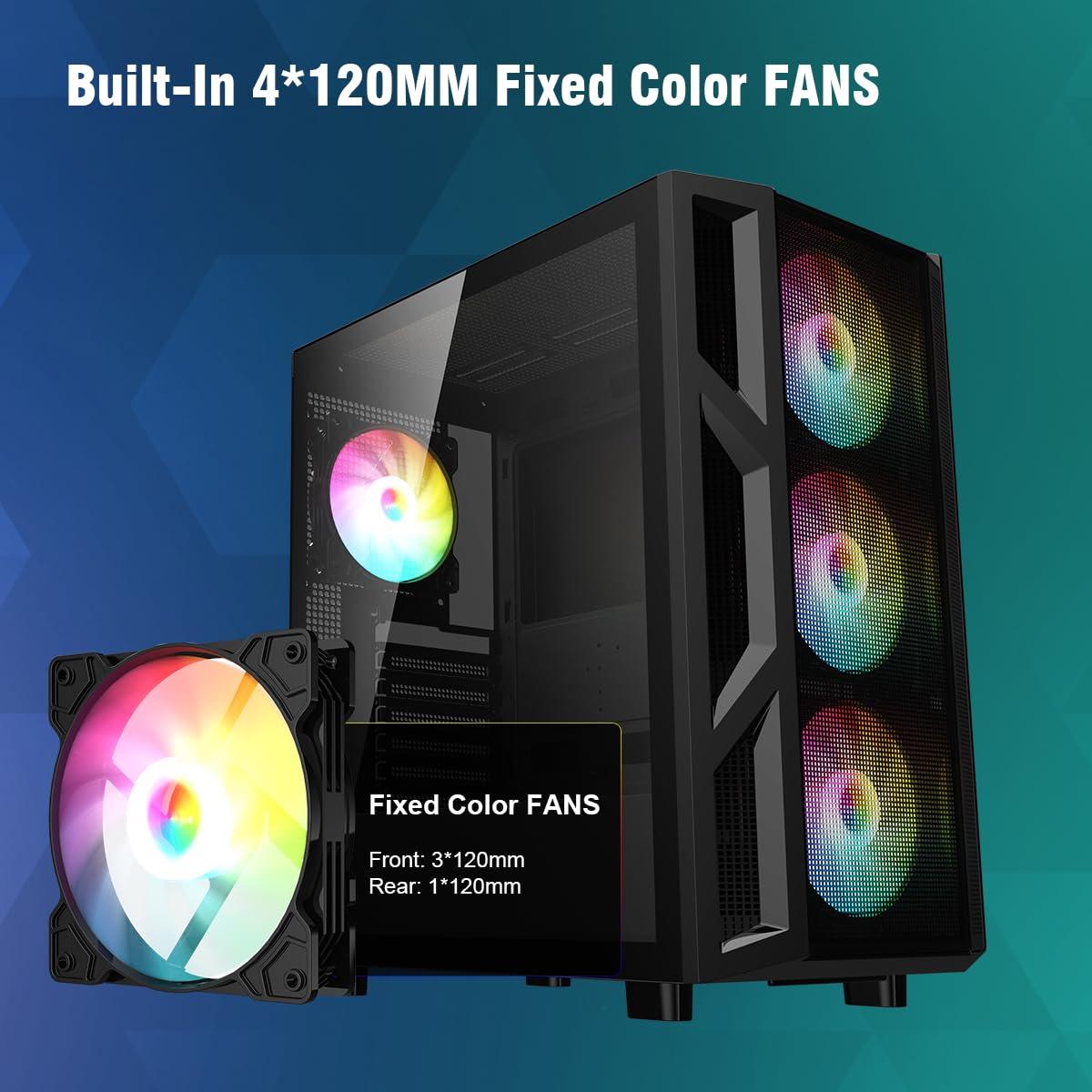 RUIX RUIX CV103 ATX Mid-Tower PC Case, Pre-Installed 4 x 120mm RGB Fans, RGB Color Lighting, Tempered Glass, USB 3.0, Gaming Computer Case, High-Airflow - Black