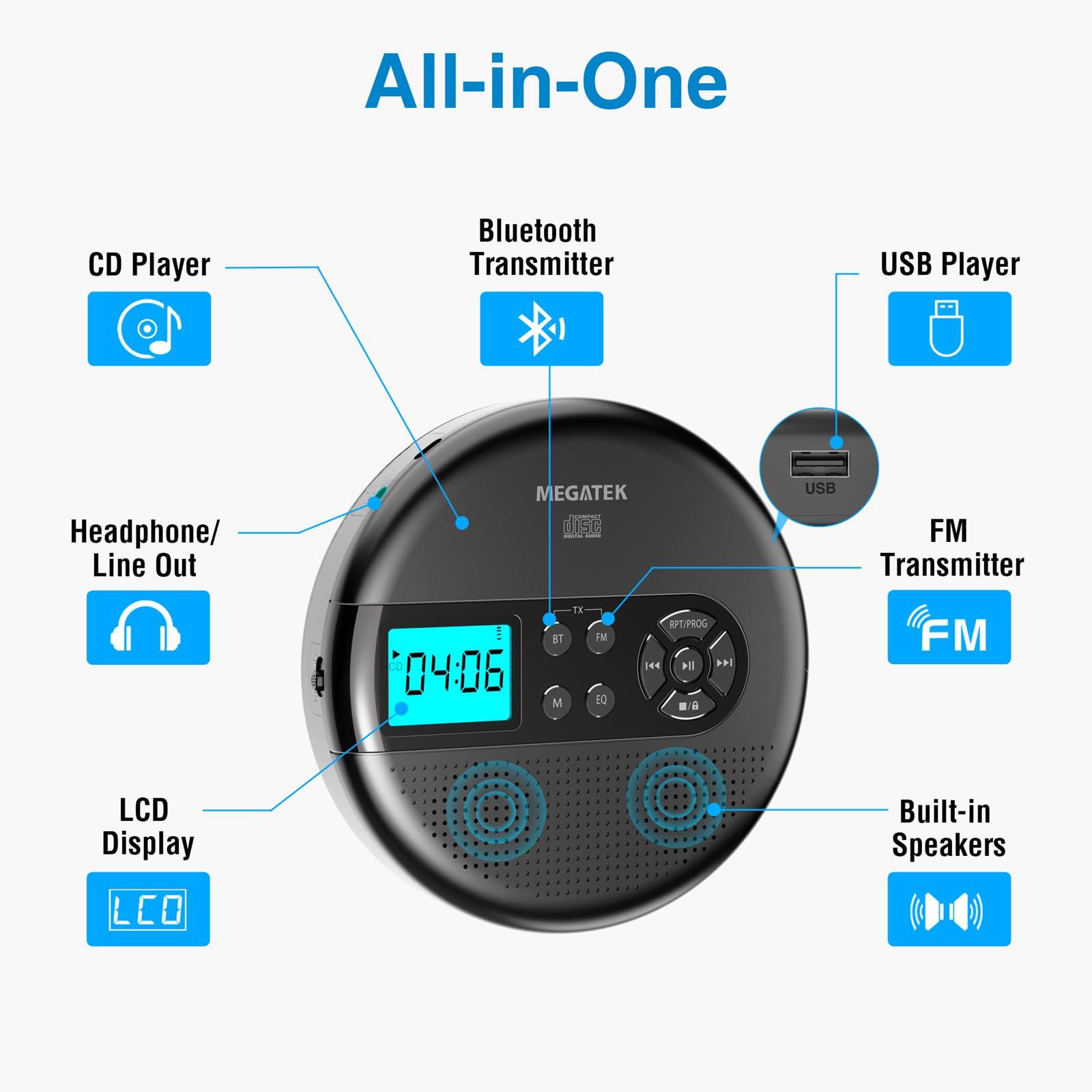 MEGATEK MEGATEK Portable CD Player with Dual Stereo Speakers and 60 Seconds Anti Skip, Personal Walkman CD Player for Car with Headphones, USB Port, Bluetooth and FM Transmitter, 2000mAh Rechargeable Battery