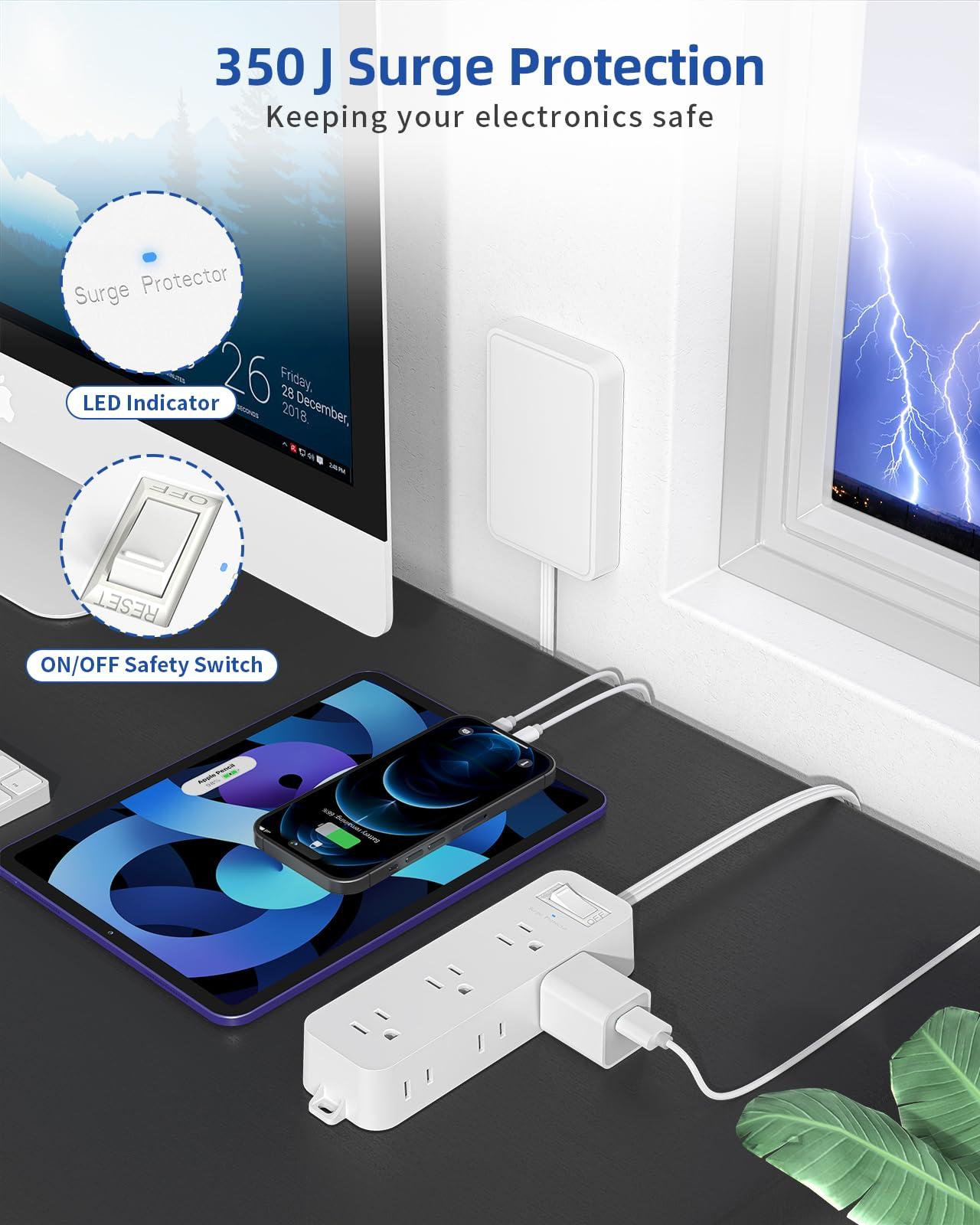 PAEWOK Flat Outlet Extender with Detachable Outlet Cover, Flat Wall Extension Cord with 6 Sockets, Flat Plug Power Strip with 5 FT Cord Hidden for Home, Office, College Dorm, White