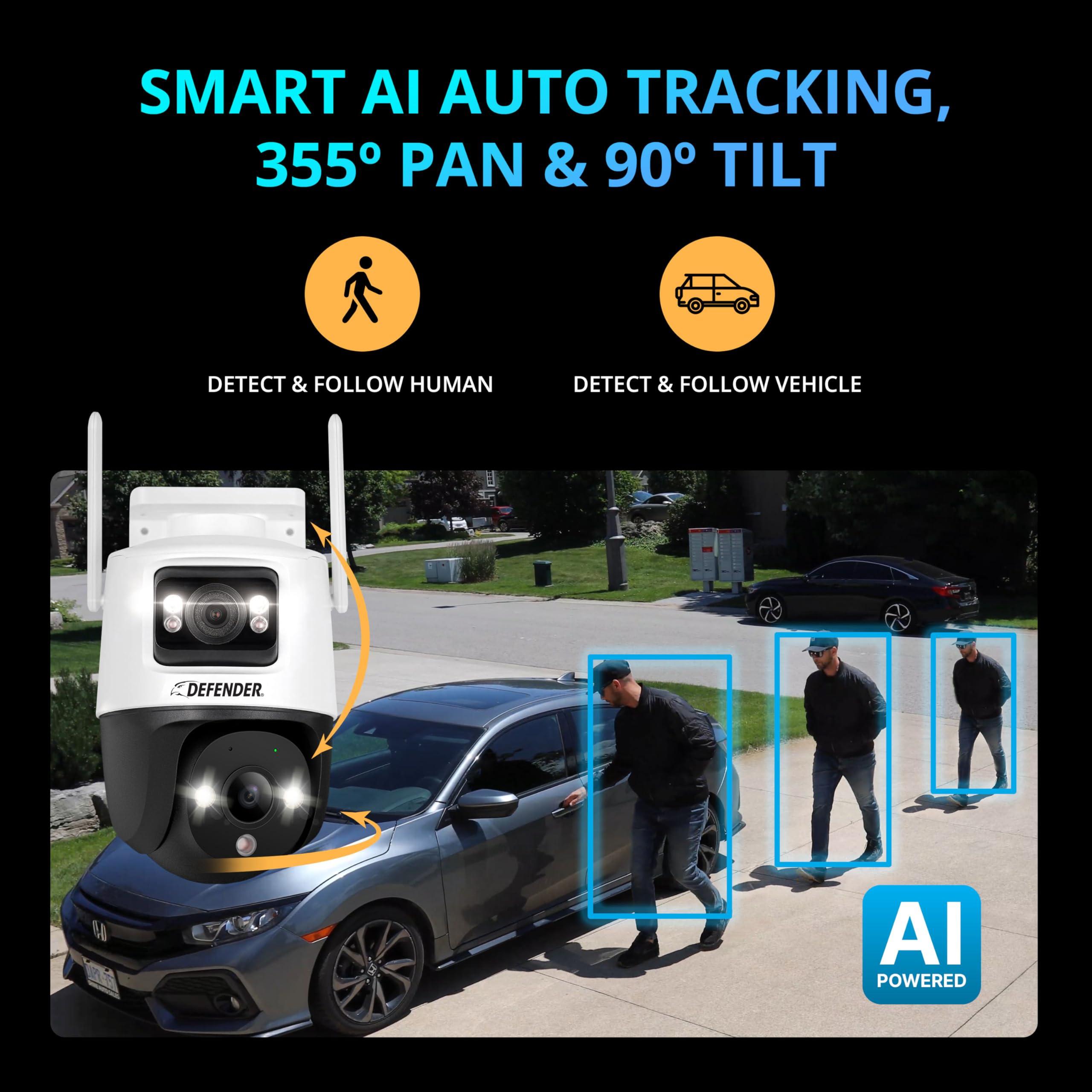 Defender AI Powered Guard Pro 3K Plus Dual Lens PTZ WiFi 6, Plug & Play Security Camera, Human/Vehicle Detection, AI Auto-Tracking, Bluetooth Pairing, Color Night Vision, 2 Cameras
