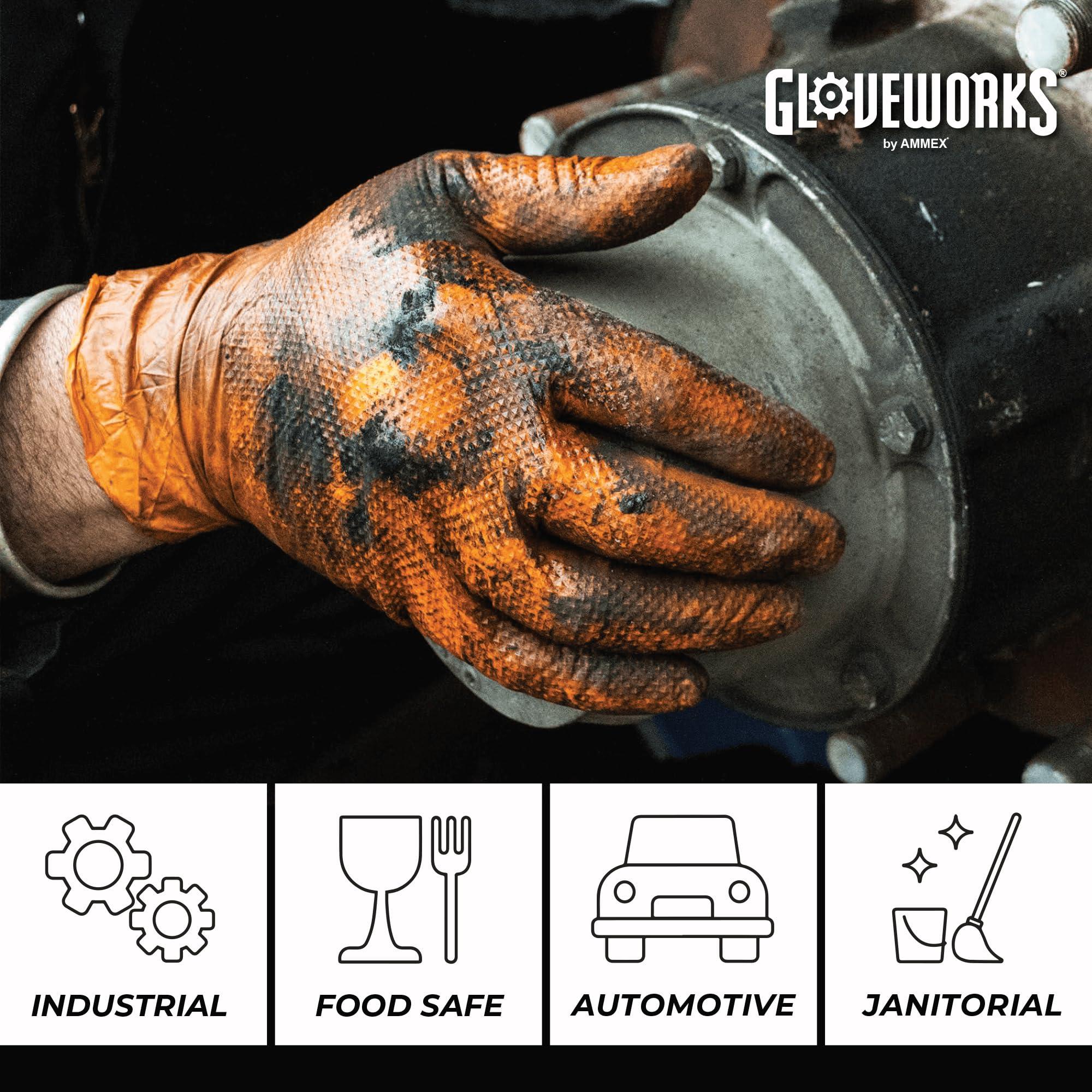 GLOVEWORKS GLOVEWORKS HD Orange Nitrile Industrial Disposable Gloves, 8 Mil, Latex-Free, Raised Diamond Texture, X-Large, 2 Boxes of 100