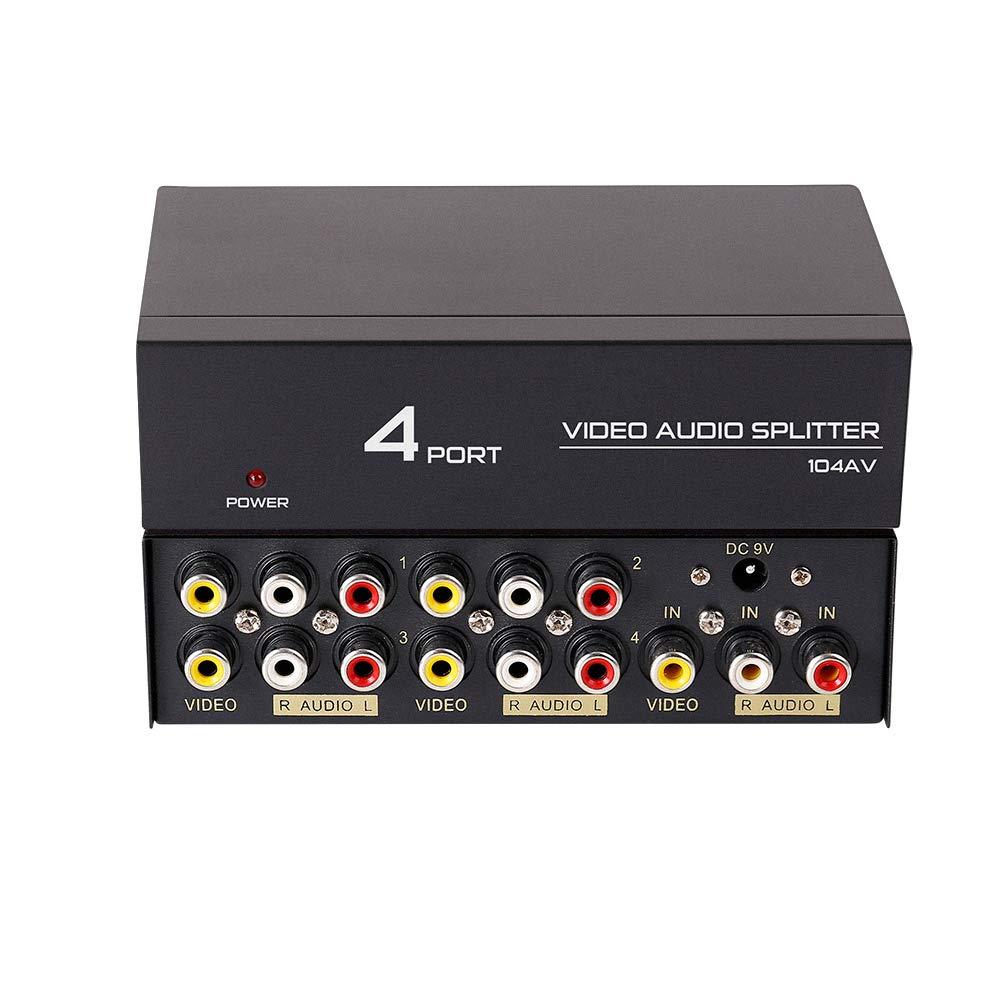 DTech DTECH Powered 4 Way 3 RCA Splitter Box 1 in 4 Out Composite Video Audio Distribution Duplicator with Power Adapter