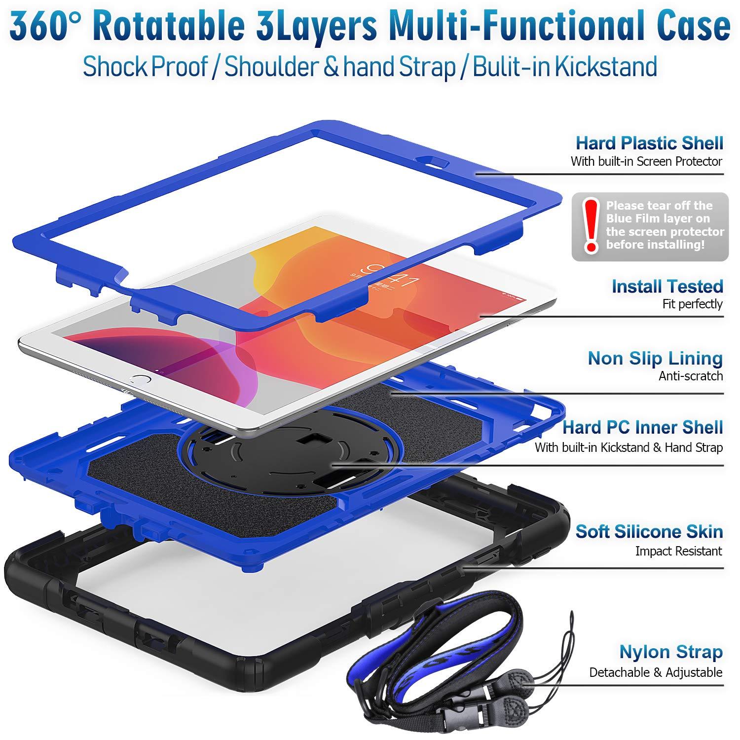 timecity Timecity Case for iPad 9th/ 8th/ 7th Generation 10.2 inch (Case for iPad 9/8/ 7 Gen): with Strong Protection, Screen Protector, Hand/Shoulder Strap, Rotating Stand, Pencil Holder - Dark Blue