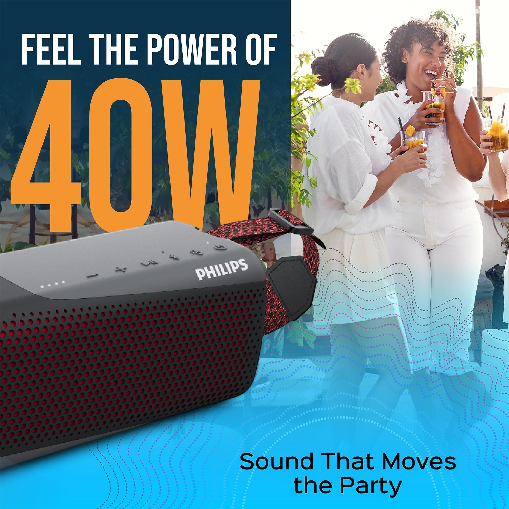 Philips Audio Philips S7807 Wireless Bluetooth Speaker, 7000 Series - 40W Output, IP67 Waterproof, 24-Hour Playtime, Portable with Built-in Microphone, Voice Assistant, USB-C, and Power Bank, Black