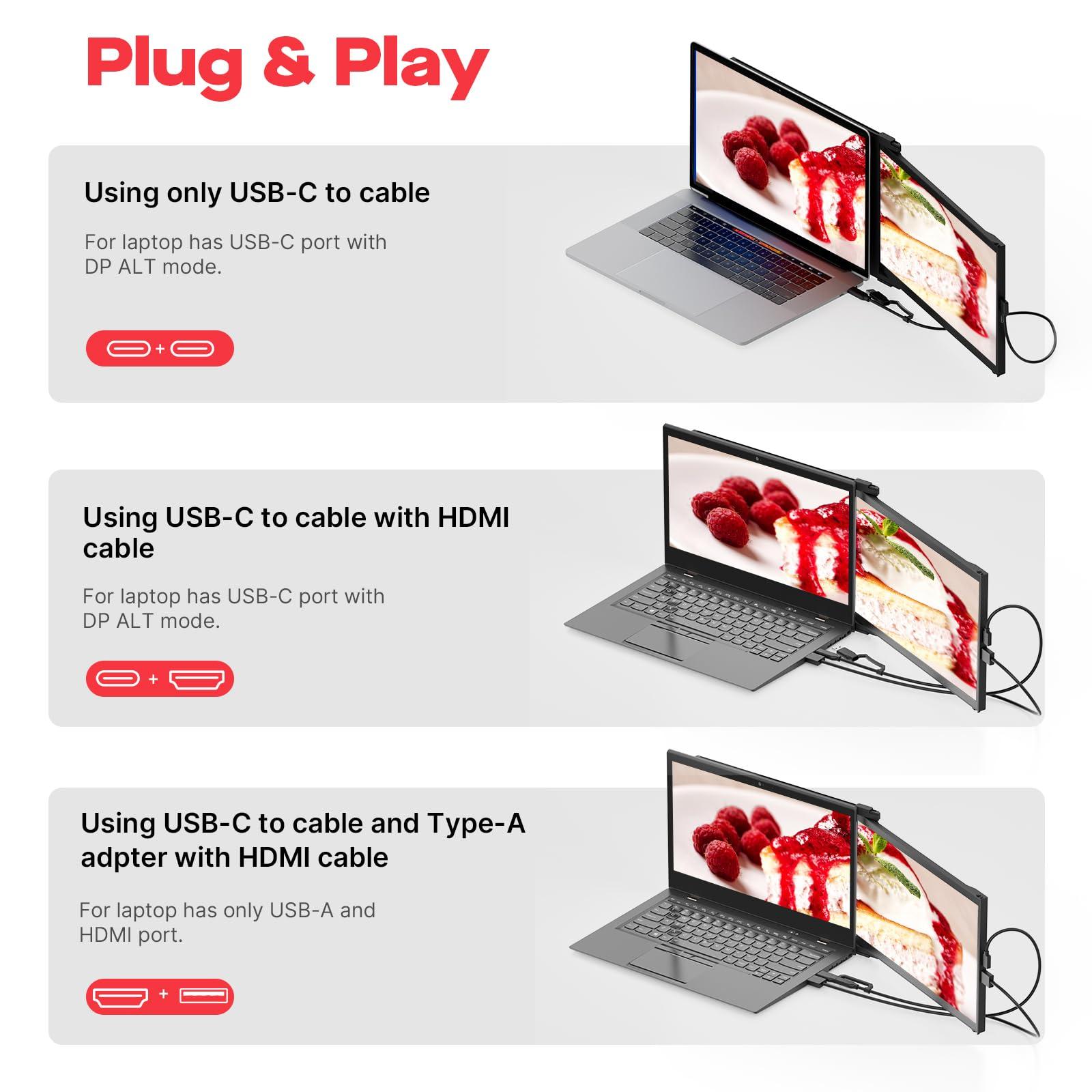 MP Portable Monitor - Mobile Pixels Duex Plus DS 13.3" FHD 1080P Laptop Monitor Extender, USBA/Type-C/HDMI Plug and Play Laptop Screen for 13"-14.5" Laptops, Windows/macOS/Android/Switch Compatible