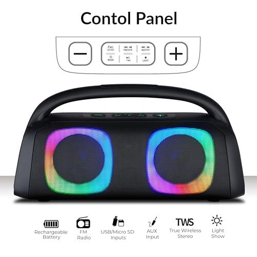 Supersonic IQ Sound IQ-3540BT Portable Bluetooth Speaker with RGB Lights, TWS, Enhanced Stereo Sound, Voice Assistant Control, Hands-Free Mic, RGB Lighting Modes, A2DP Bluetooth, USB/Micro SD/FM Radio Inputs