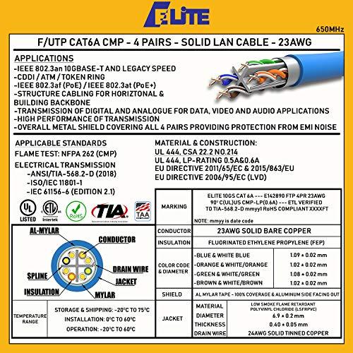 Elite Elite Cat6A Shielded Plenum (CMP), 1000ft, FTP 23AWG, 650MHz, Solid Pure Copper, UL Certified, UL-LP Certification, Bulk Ethernet Cable Reel, Orange