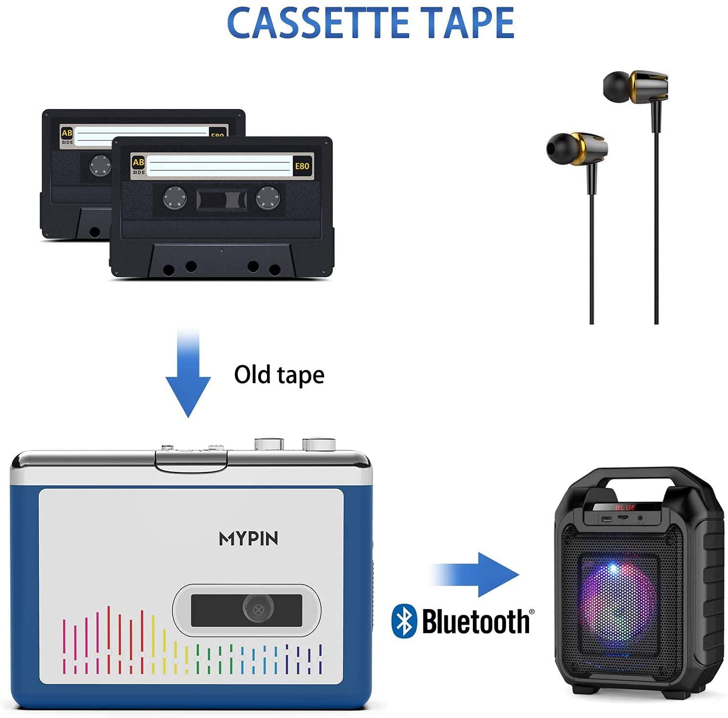 MYPIN Bluetooth Cassette Player with Headphone, Tape Player Bluetooth Output to Headphone/Speaker,Walkman Portable Cassette Tape Player 2 AA Battery or USB Power Supply, 3.5mm Headphone Jack