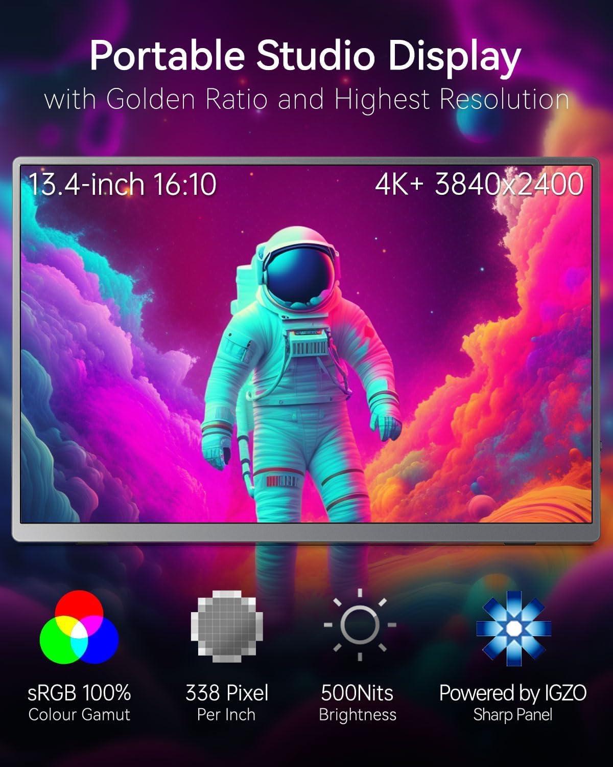 Intehill Intehill 4K Portable Monitor for Laptop, MacBook and Mini PC High-end 13.4 inch Small Computer Monitor with Golden Ratio 16:10 and Resolution 3840x2400 U13NA
