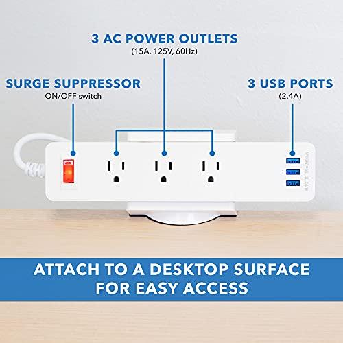 Mount-It! Mount-It! Power Strip Holder Clamp Desk Mount with Included Surge Protector | White Desktop Power Outlet with 3 USB Ports and 3 AC Power Outlets | Adjustable Power Strip Clamp Mount