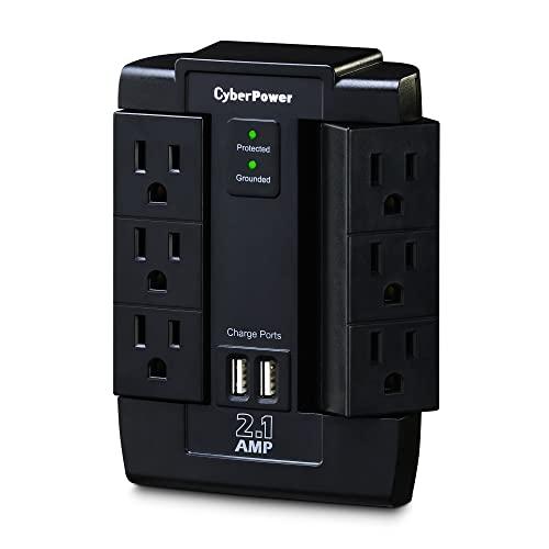 CyberPower CyberPower CSP600WSU Surge Protector, 1200J/125V, 6 Swivel Outlets, 2 USB Charging Ports, Wall Tap Design, Black