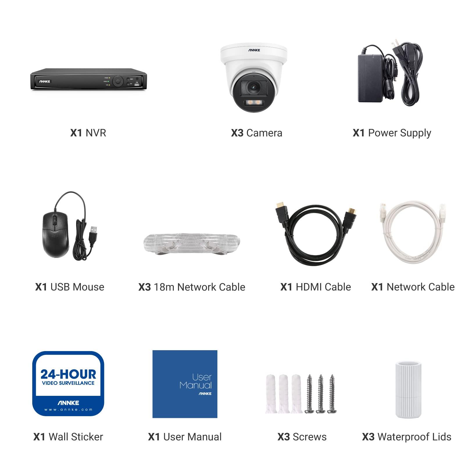 ANNKE ANNKE NCK800 4K Security PoE Camera System with Full Color Night Vision, 8CH 4K NVR with 3pcs 8MP H.265+ PoE IP Turret Cameras, AI Human Detection, 130dB WDR &3D DNR, IP67 Weatherproof(NO HDD)