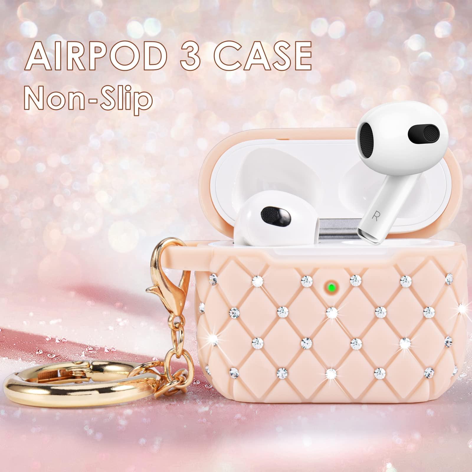 WorryFree Gadgets Worryfree Gadgets Case Compatible with AirPods 3 Case Generation 3 Bling Rhinestone Cover for Women TPU Protective Shockproof Case with Keychain for AirPod 3 Charging Case, Pink