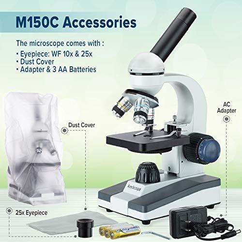 AmScope AmScope M150C-MS Compound Monocular Microscope, WF10x and WF25x Eyepieces, 40x-1000x Magnification, LED Illumination, Brightfield, Single-Lens Condenser, Coaxial Coarse and Fine Focus, Mechanical Stag