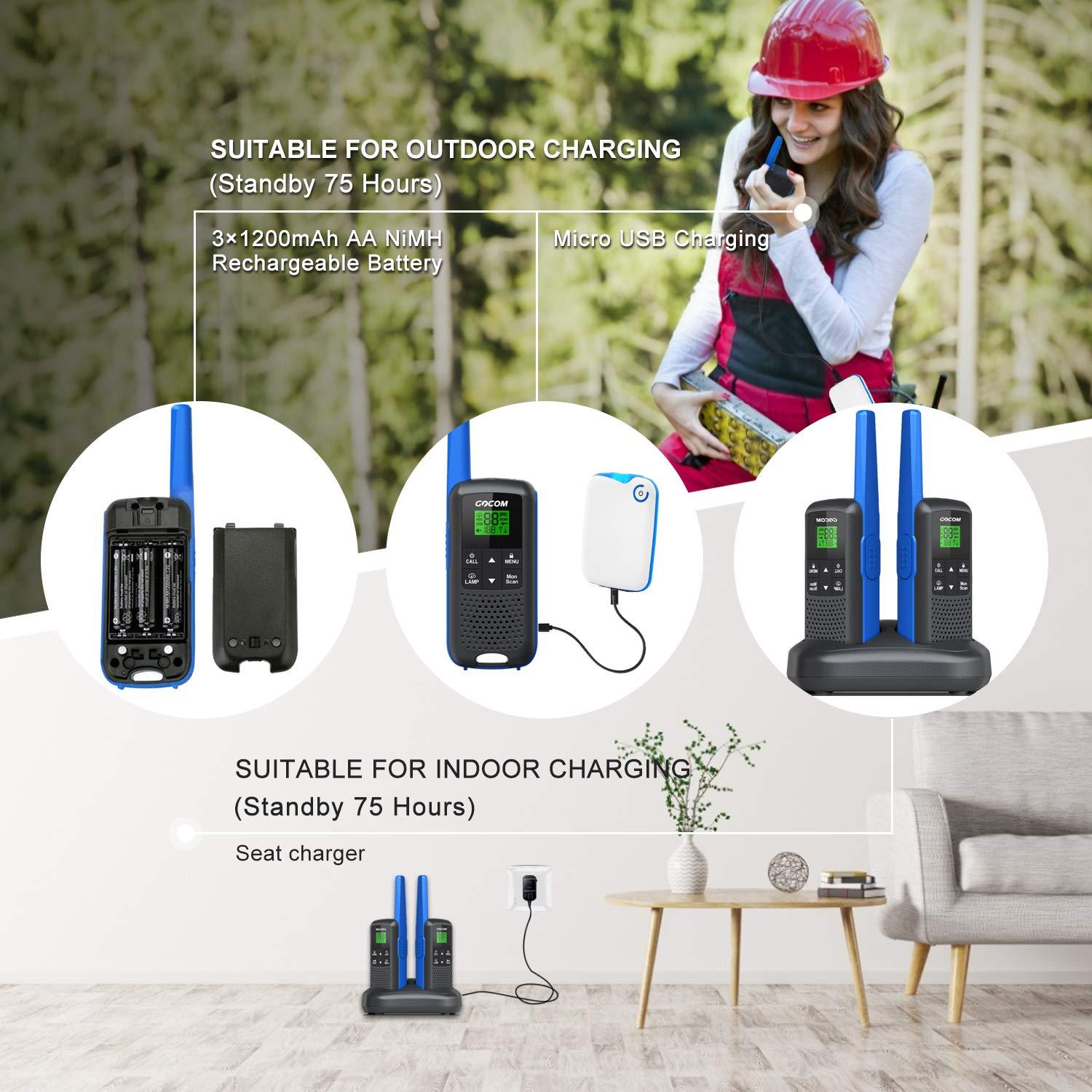 GOCOM Walkie Talkies - GOCOM G600 FRS Two Way Radio for Adults 2W Long Range Walkie Talkie Rechargeable, VOX Scan, NOAA & Weather Alerts, LED Lamplight 2 Pack Hand held radios