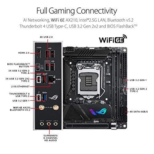 ASUS ROG Strix Z590-I Gaming WiFi 6E LGA 1200 (Intel® 11th/10th Gen) mini-ITX gaming motherboard (PCIe 4.0, 8+2 power stages,Thunderbolt 4 Onboard,2.5 Gb LAN, USB 3.2 Gen 2 front panel Type-C,2x M.2 slots)