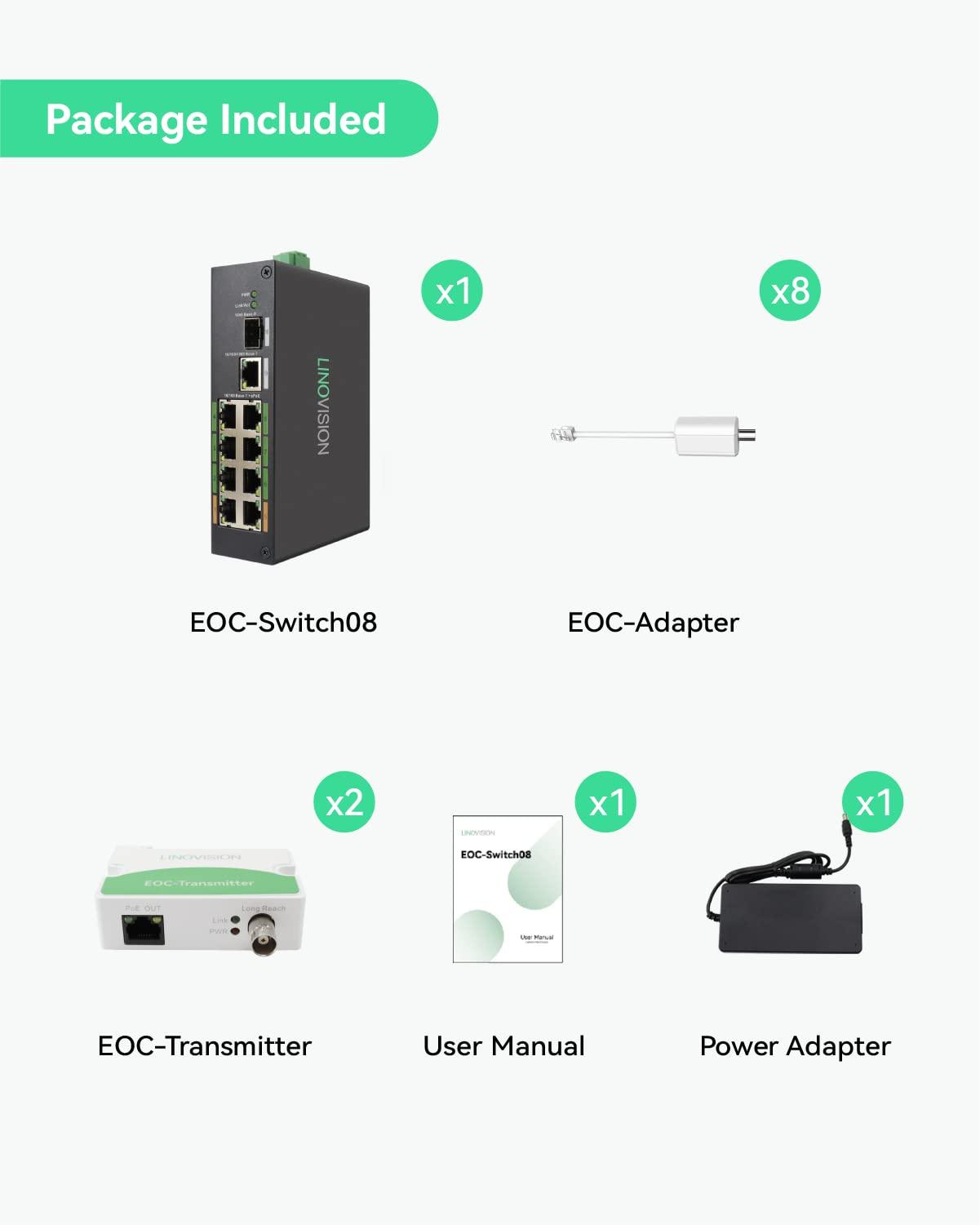 LINOVISION LINOVISION Industrial 8-Port EOC & POE Switch with 2pcs EOC Transmitters, Long Reach PoE Over Coax or UTP Cable, Simplified Wiring, Upgrading Analog System to IP Surveillance System