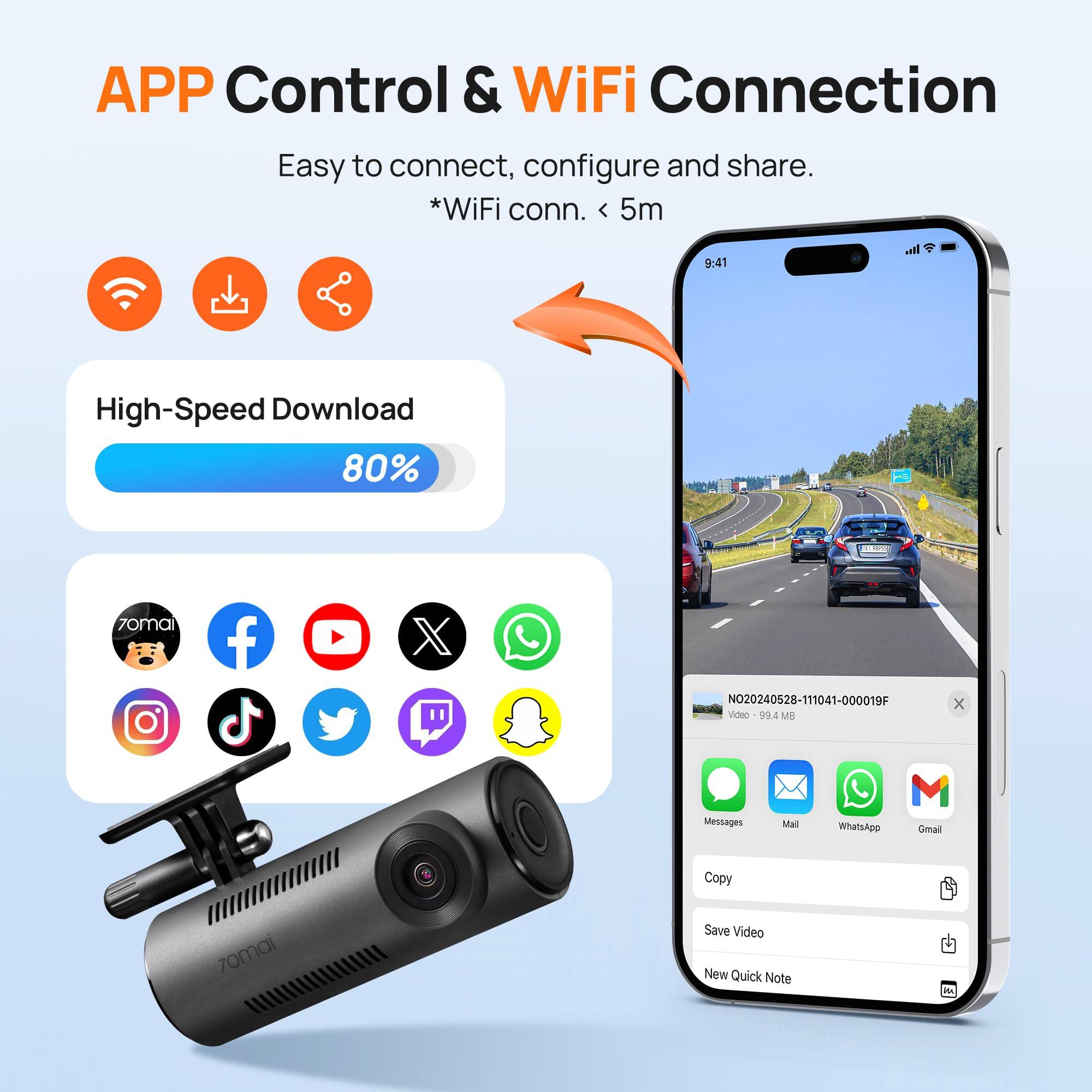 70mai 70mai Dash Cam M310, Dash Camera for Cars 1296P QHD, Smart Dash Cam Front Built in WiFi, 130 Wide-Angle FOV, WDR, Night Vision, iOS/Android Mobile App, Loop Recording, Parking Monitor, Time-Lapse