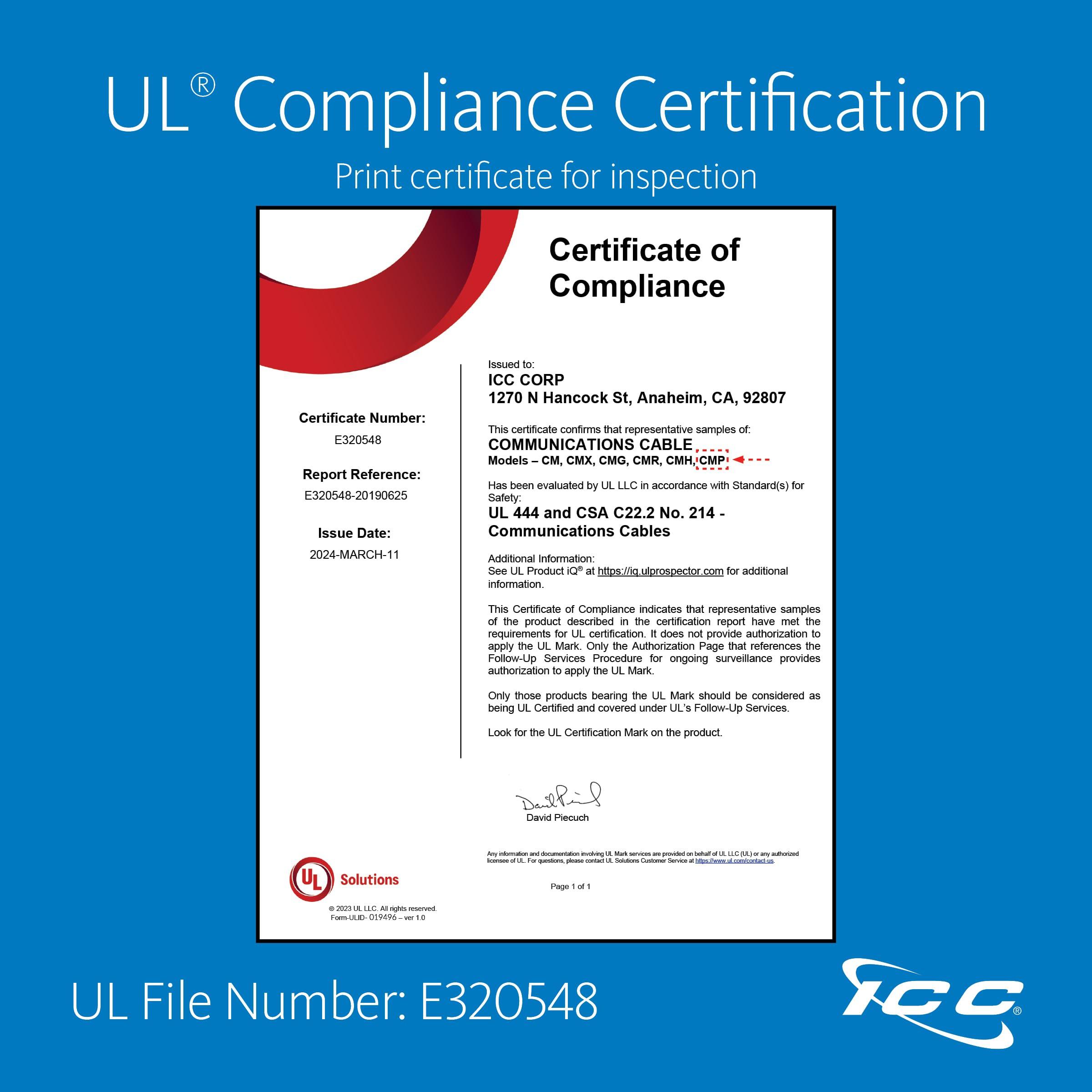 ICC ICC Cat6A CMP Plenum 1000ft FTP 23AWG Solid Pure Copper, True Plenum Certified by UL Bulk Ethernet Cable on Reel, PoE++, 650MHz, USA Made, National Electrical Code Compliant, Blue