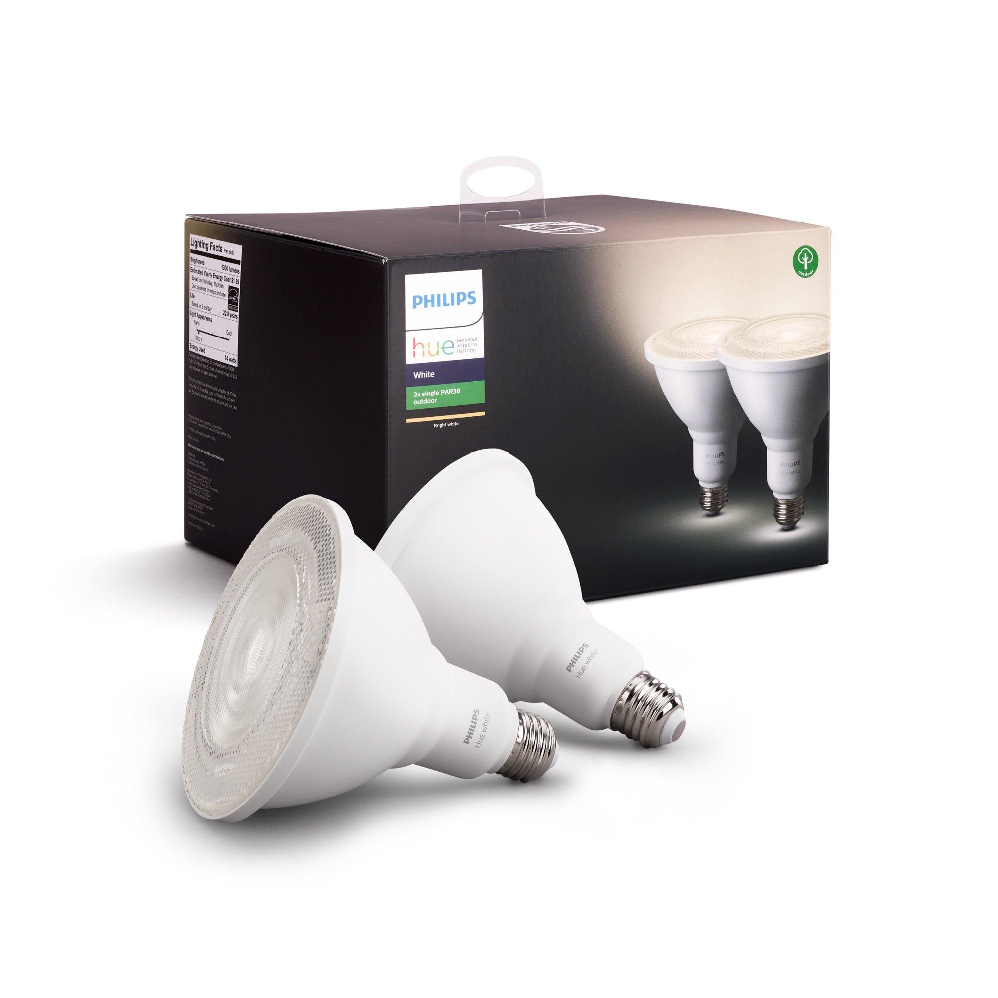 Philips Hue Philips Hue White Outdoor PAR38 13W Smart Bulbs Hub Required, 2 White PAR38 LED Smart Bulbs, Works with Alexa, Apple HomeKit and Google