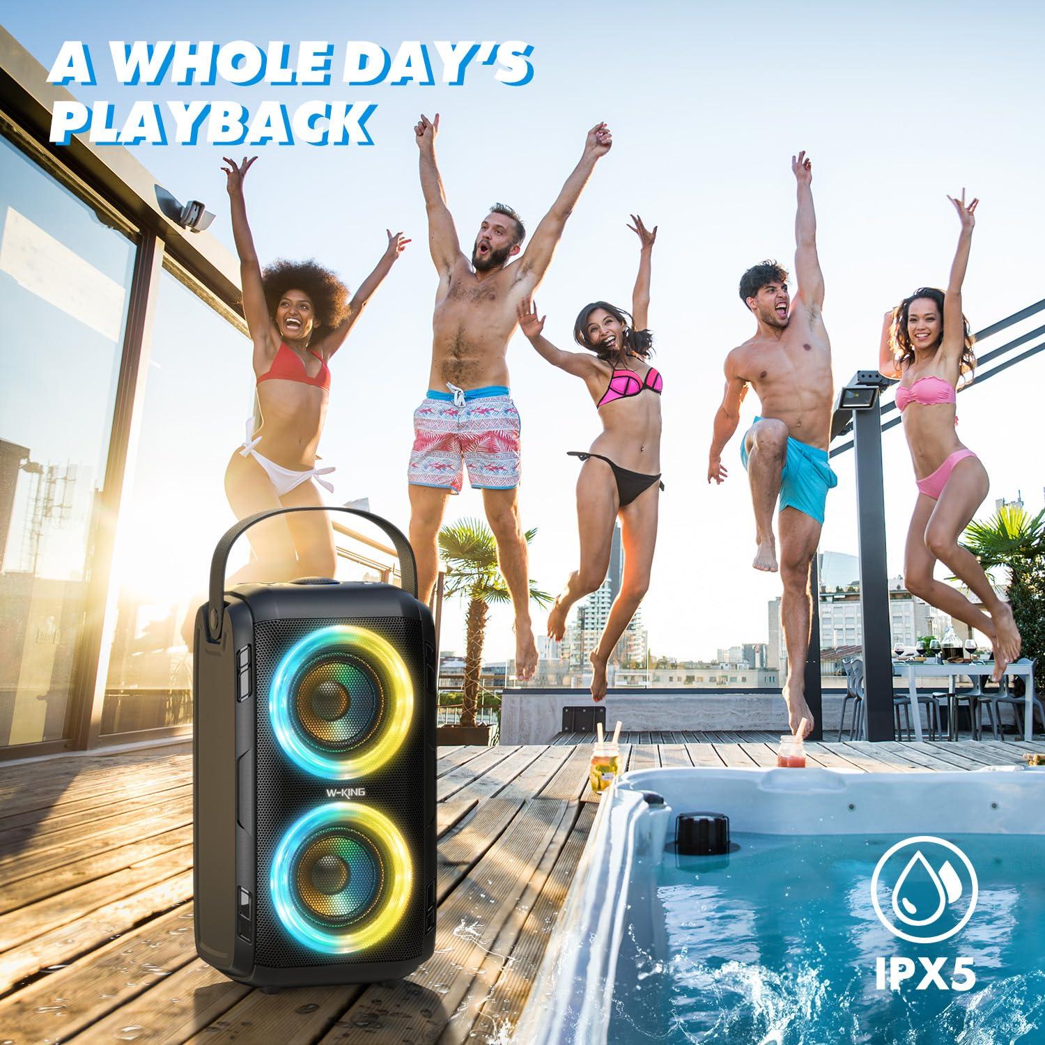 W-KING W-KING 80W Portable Party Boom Box Outdoor Wireless Bluetooth Speaker Loud Big Large with 2 Full-Range Drivers-Super Bass with Lights, IPX5, Huge 105dB Sound, 24H, U-Disk, TF, AUX, EQ