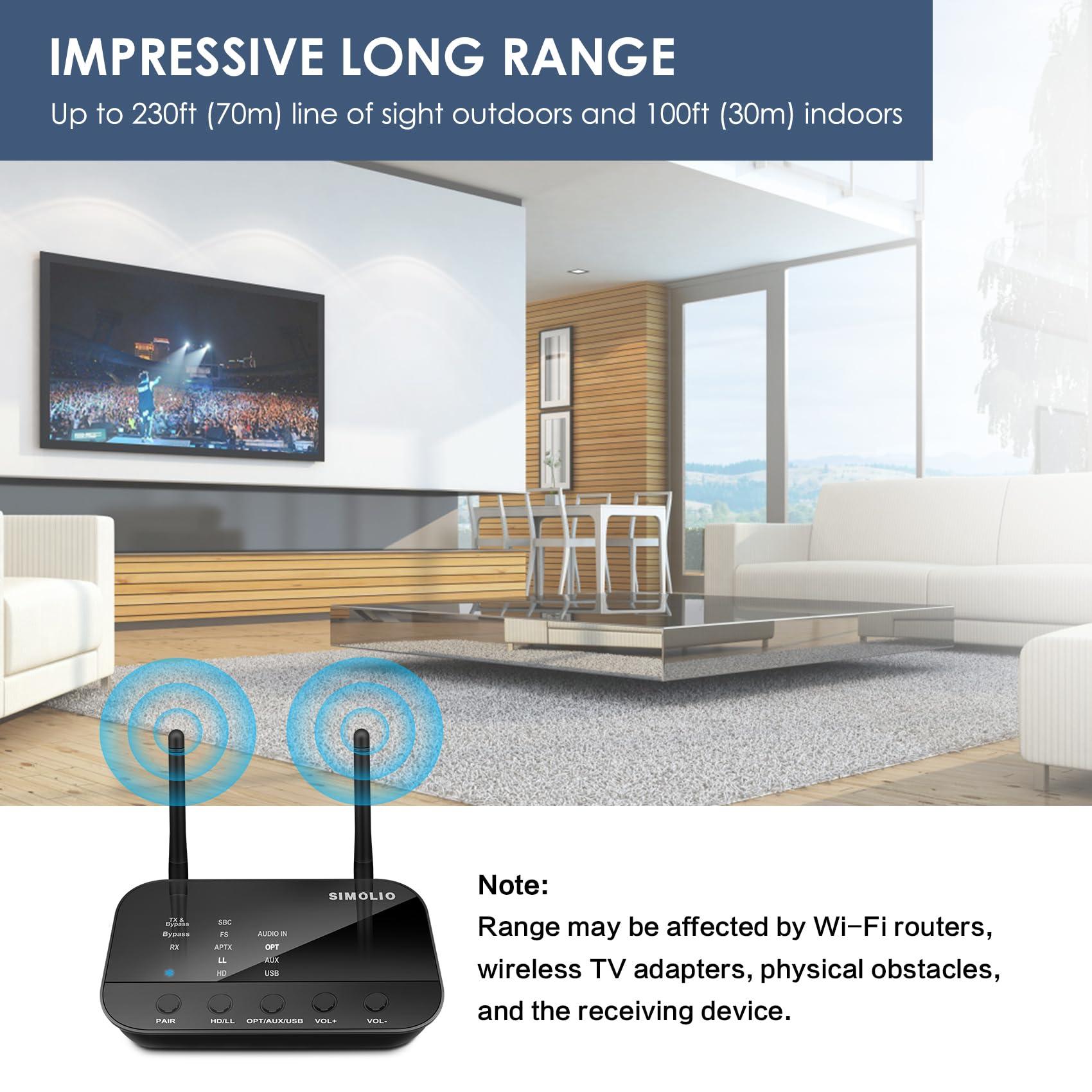 SIMOLIO SIMOLIO Bluetooth Transmitter Receiver for TV Home Stereo, aptX Low Latency & HD Long Range Bluetooth Audio Adapter for 2 Wireless Headphones, Bypass to Soundbar, Optical RCA AUX 3.5mm Inputs/Outputs