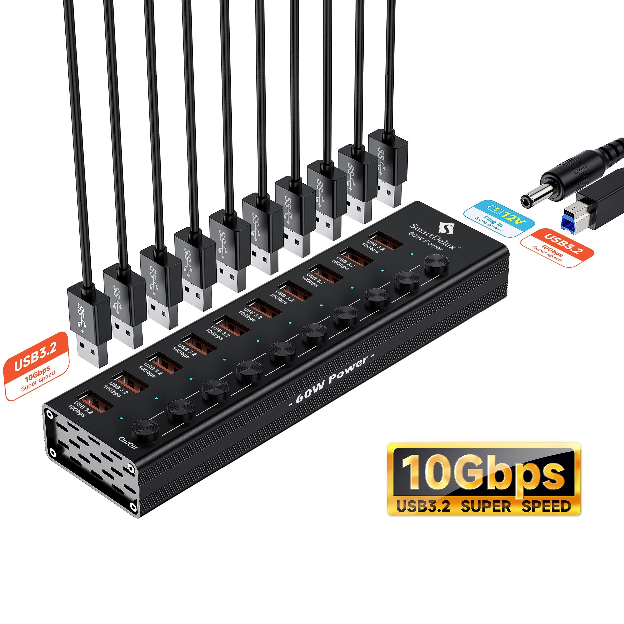 SmartDelux Powered USB 3.2 to Type-A, Type-C Hub, SmartDelux 10Gbps 10 Port Adapter, Individual LED Switches end High-Speed Data Transfer, Power Adapter 60W, USB Extension for Laptop, Flash Drive, PC and More