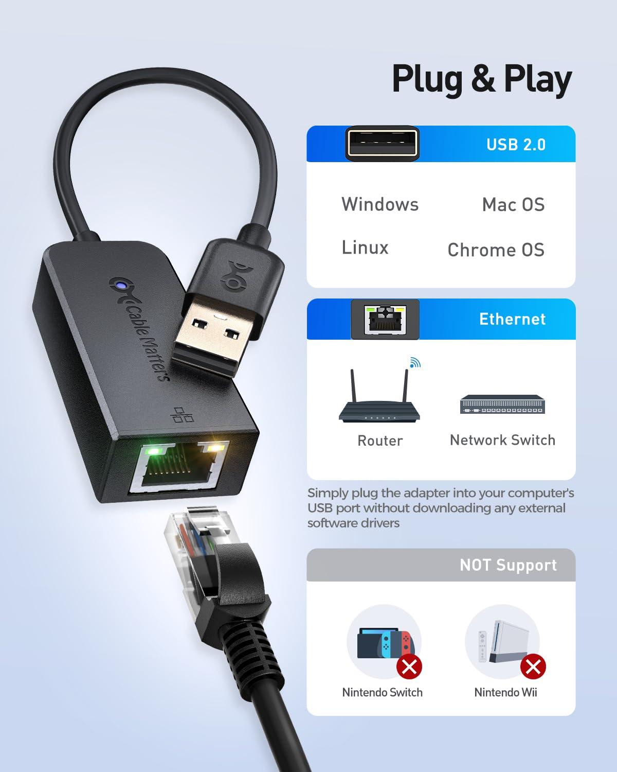 Cable Matters Cable Matters 2-Pack, Plug & Play USB to Ethernet Adapter with PXE, MAC Address Clone Support (Ethernet to USB 2.0 Adapter, Ethernet Adapter for Laptop) Supporting 10/100 Mbps Ethernet Network
