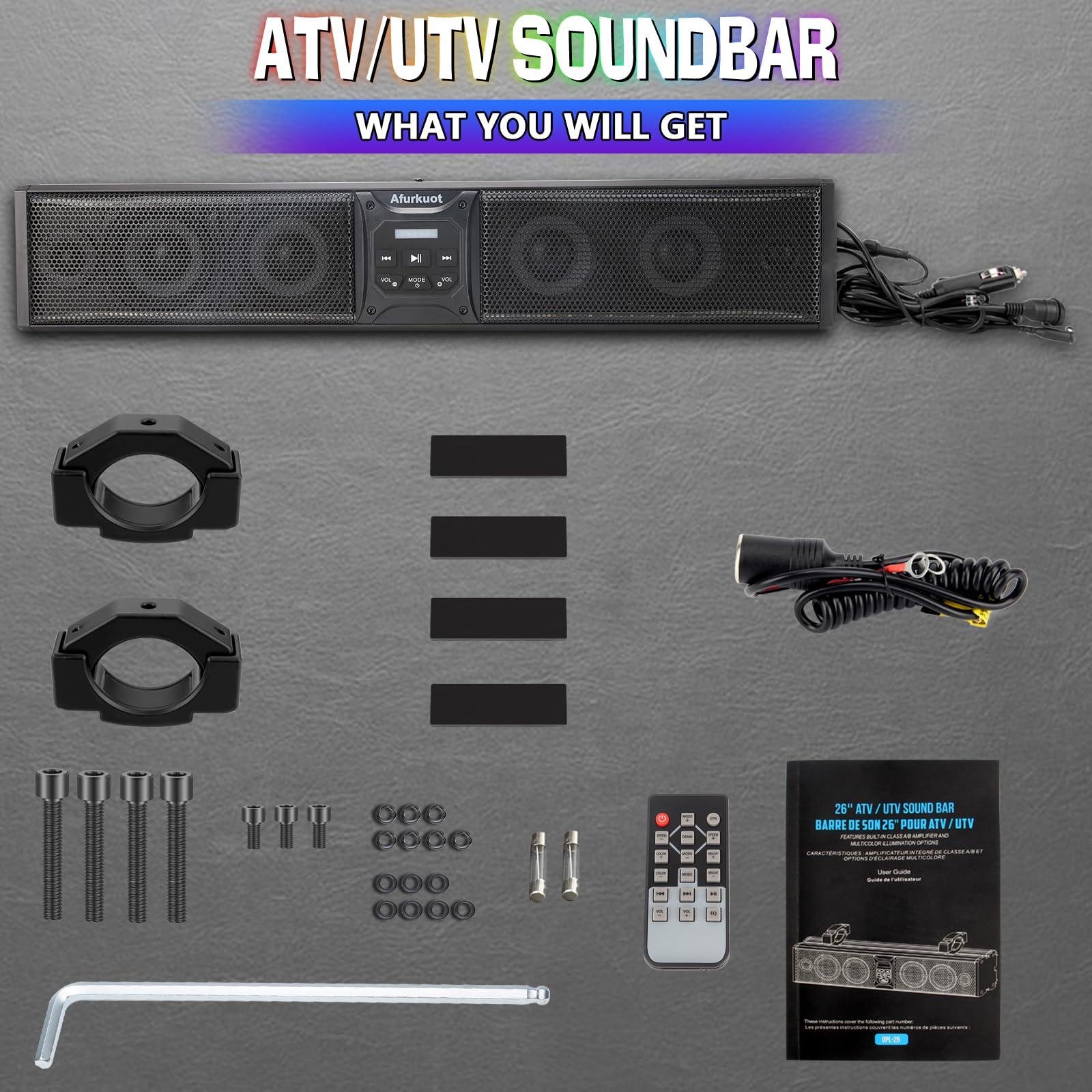 Afurkuot Afurkuot UTV Sound Bar Waterproof Bluetooth Music Sync Multicolor, 26-Inch 6-Speaker Golf Car ATV Sound Bar with Back Light Strip, Power Soundbar for UTV ATV Golf Cart w/1.75-2.25 Roll Bar