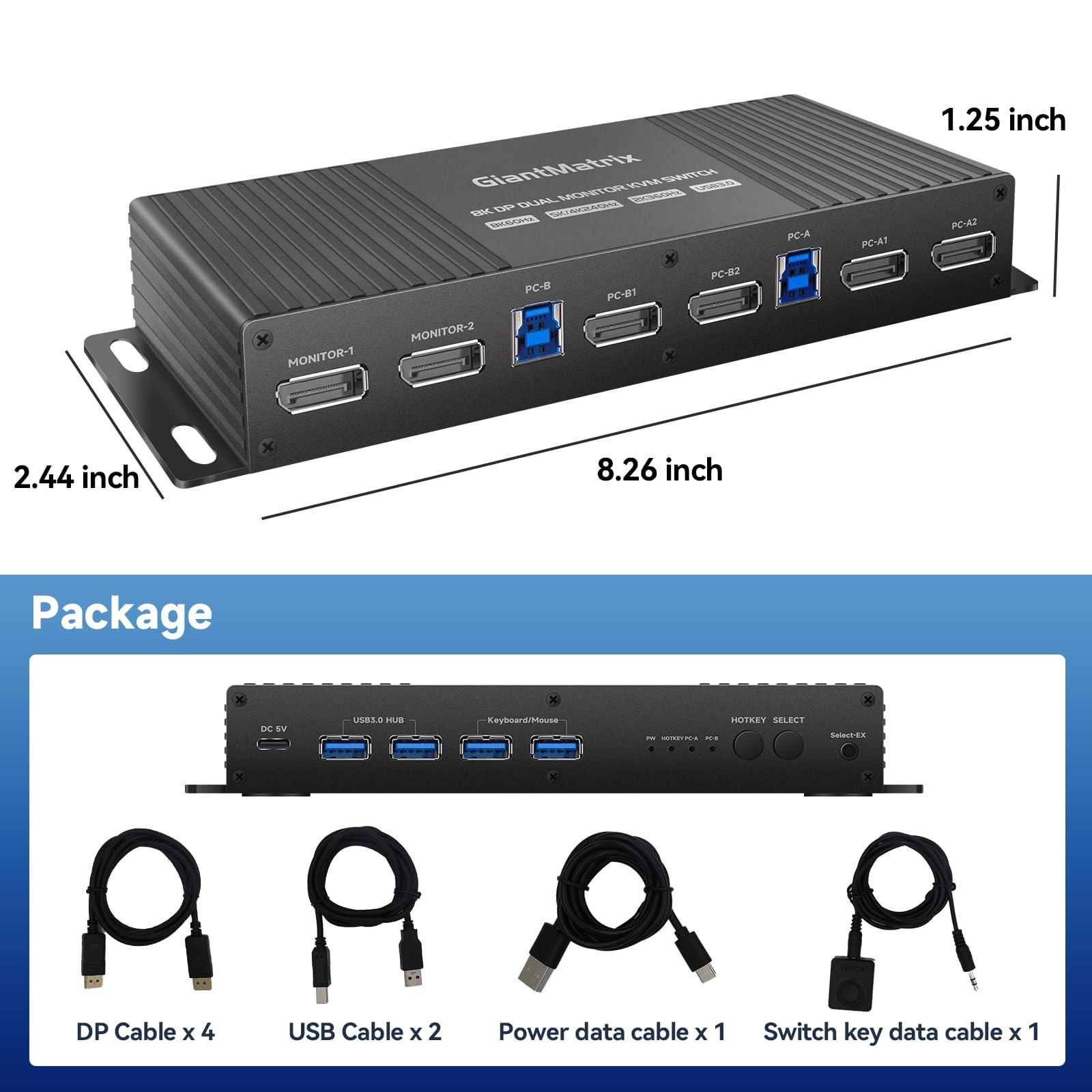 GiantMatrix Kvm Displayport Switch 2 Computers 2 Monitors 1440P 240Hz Hotkey Switching Dual Monitor kvm Switch dp 2.0 1440P 144Hz 165Hz 240hz Dual Monitor kvm Switch Displayport Thunderbolt FreeSync G-SYNC