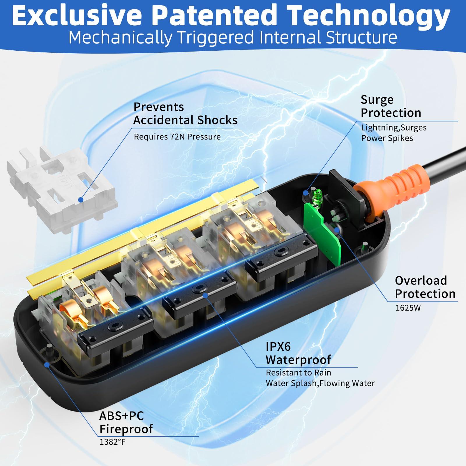 MELAUDI Outdoor Power Strip Weatherproof, 10FT Outdoor Extension Cord, IPX6 Waterproof Surge Protector with 3 Wide Outlets, Shockproof Overload Protection for Camping, Garden, Industrial, Home Power Strip