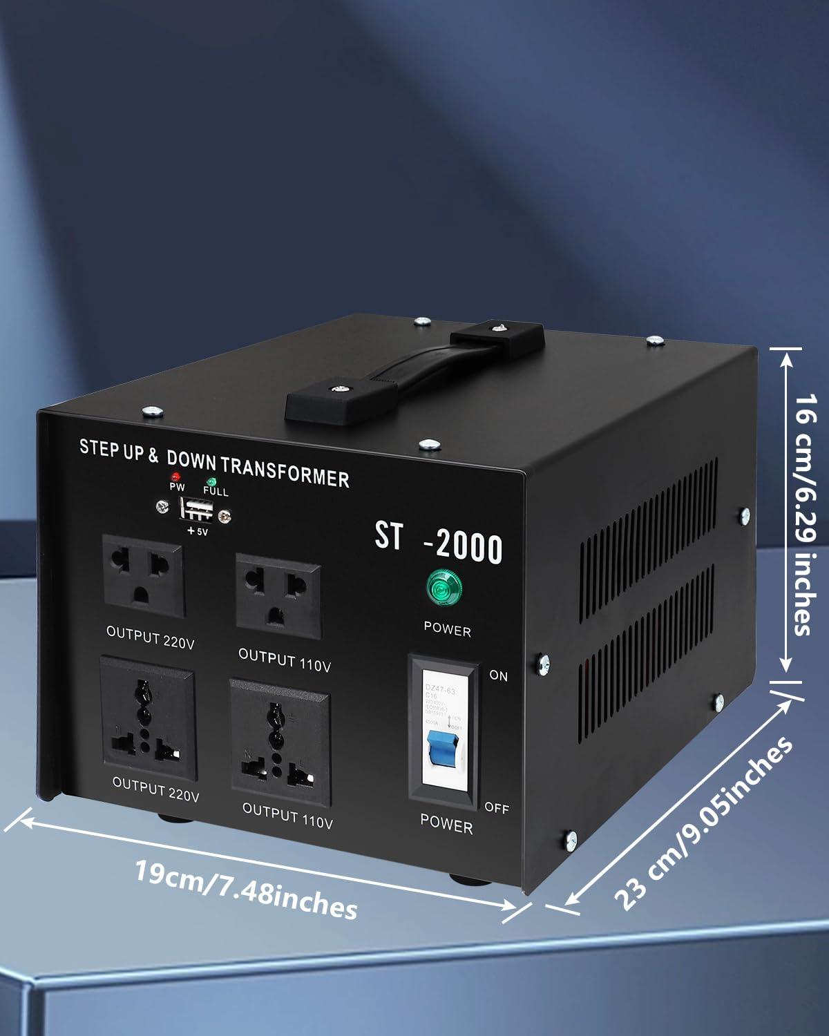 FAHKNS Voltage Converter Transformer 2000w,Step Up/Down Power Converter AC 110v to 220v / 220v to 110v,Transformer Converter with Two Spare Fuses,2 Universal Sockets,2 US Outlets,Circuit Breaker Protection