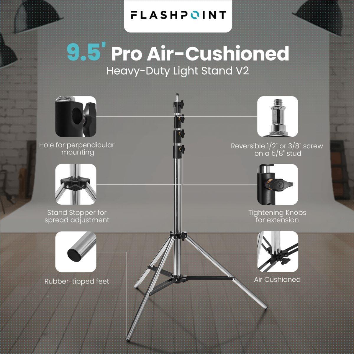 Flashpoint Flashpoint 9.5' Pro Air Cushioned Heavy Duty Light Stand for Photography, Lightwight and Durable Portable Photography Light Stand Tripod is Suitable for Pro Photography (Chrome)
