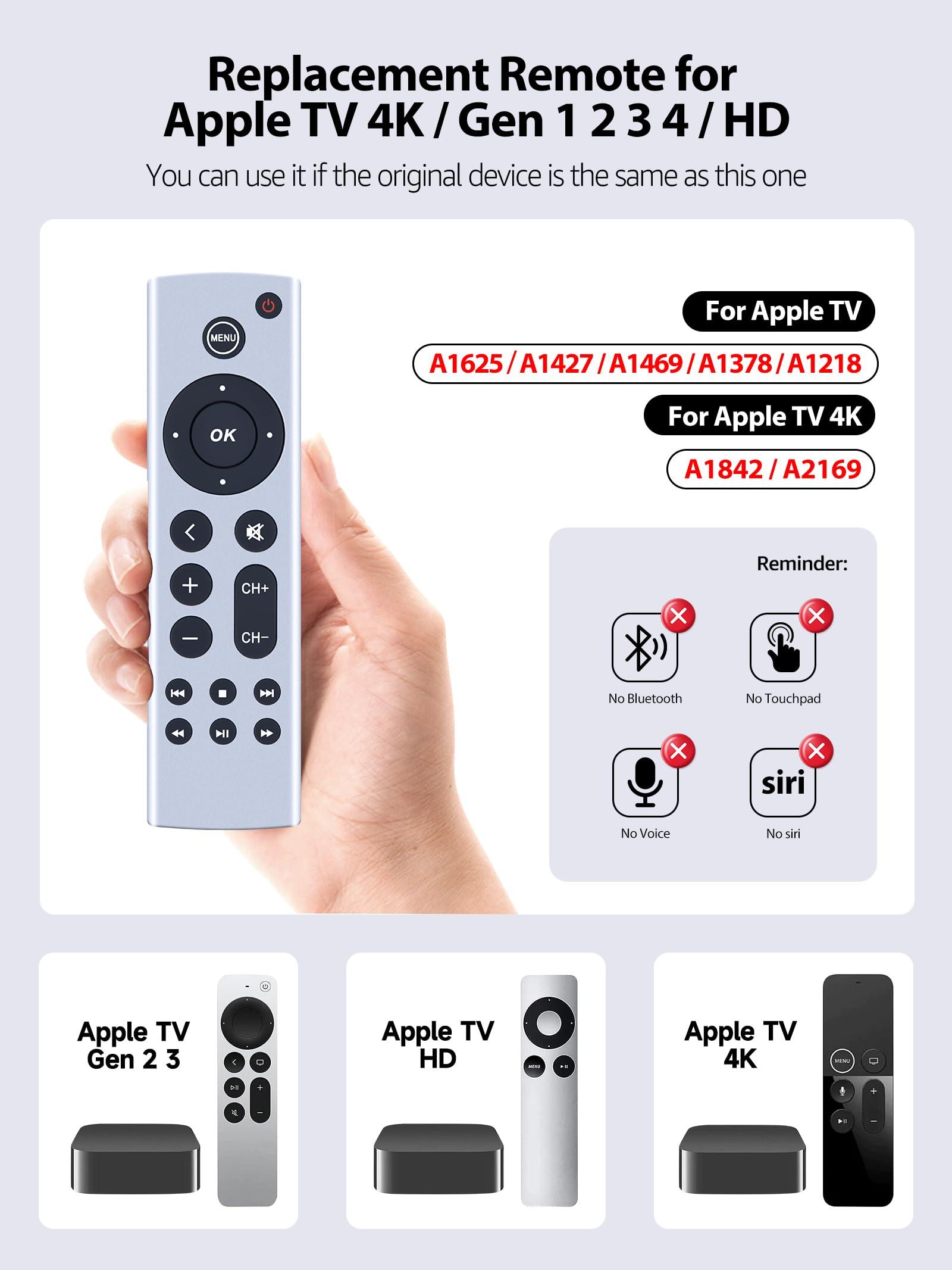 PZL Universal Replacement Remote Control fit for Apple TV Gen 1 2 3 4, for Apple TV 4K/ HD A1427 A1469 A1378 A1218 A2843 A2737 A2169 A1842 A1625 (No Voice Function)
